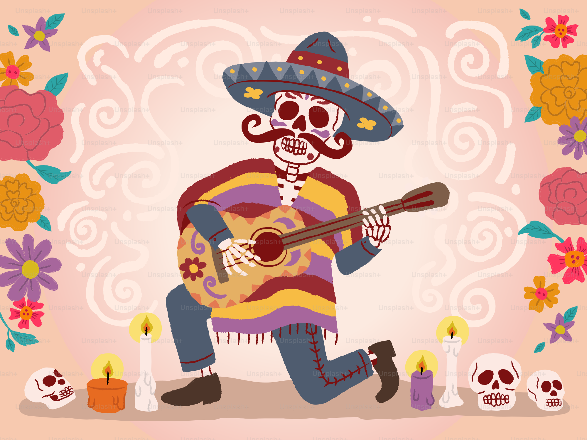 Skeleton in sombrero playing guitar with candles and flowers