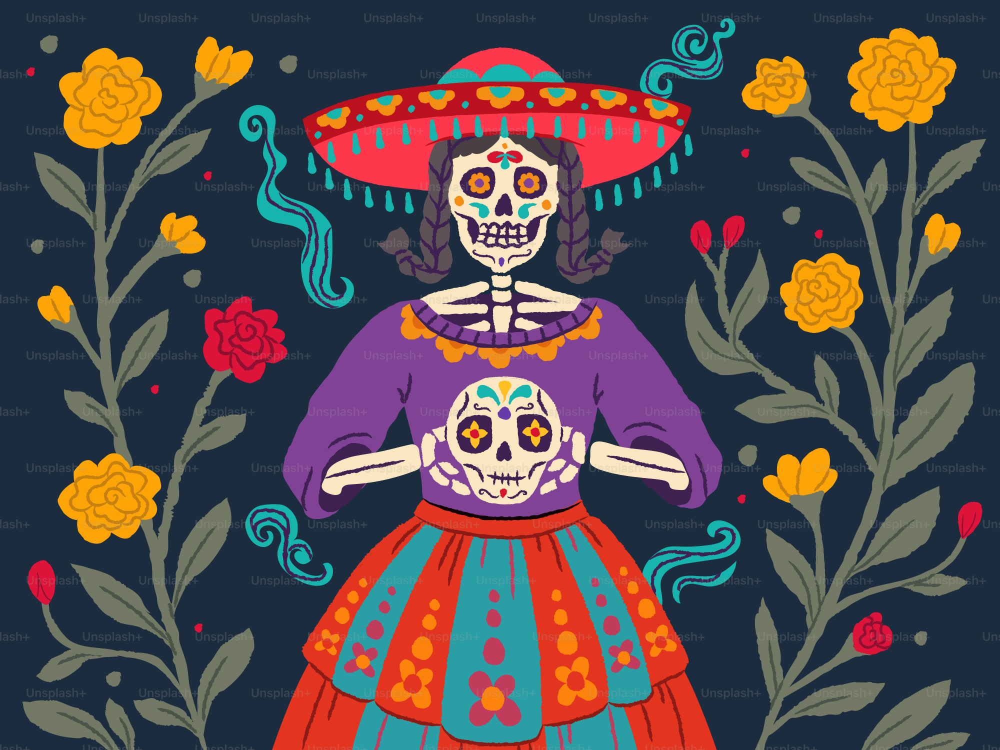 Skeleton woman in colorful dress holding a skull