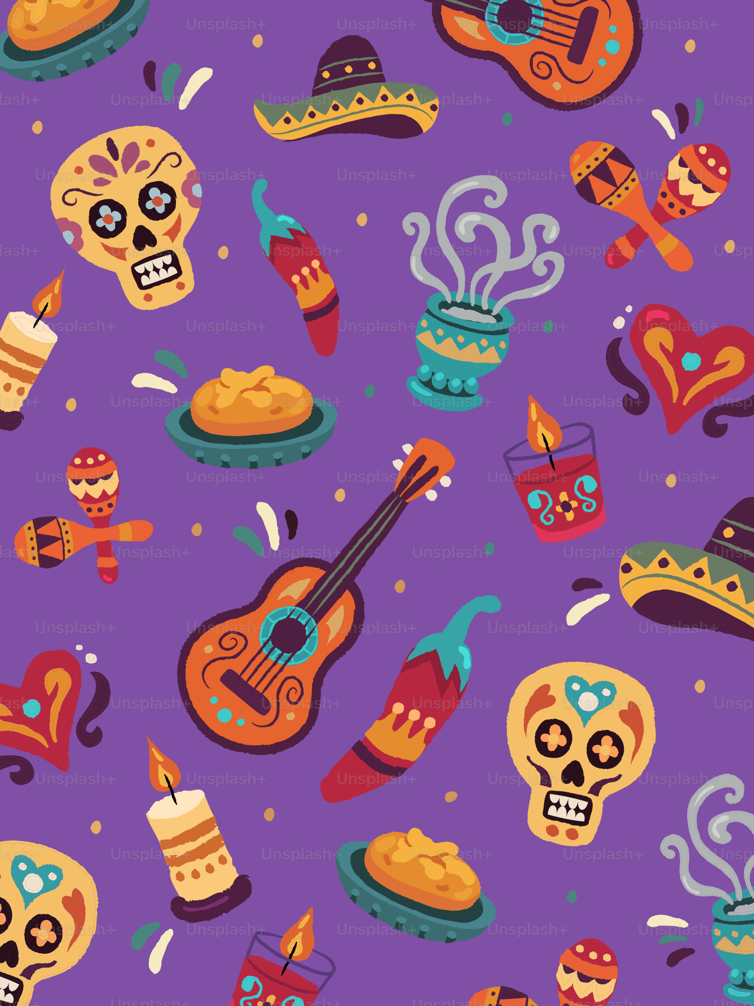 頭蓋骨、ギター、マラカスを使用したディア・デ・ロス・ムエルトス・パターン