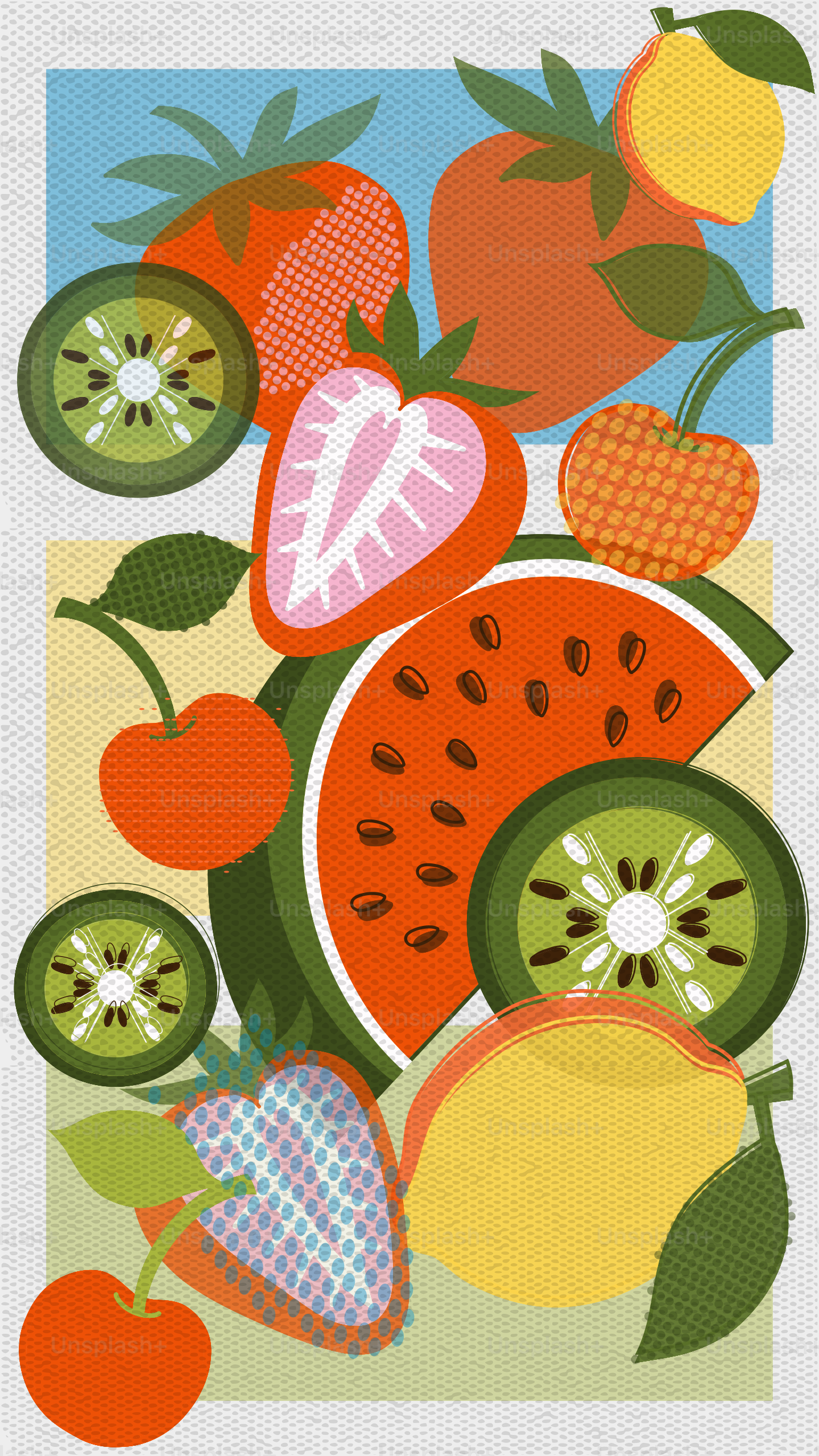 Assortment of colorful fruits including strawberries, watermelon, and cherries.