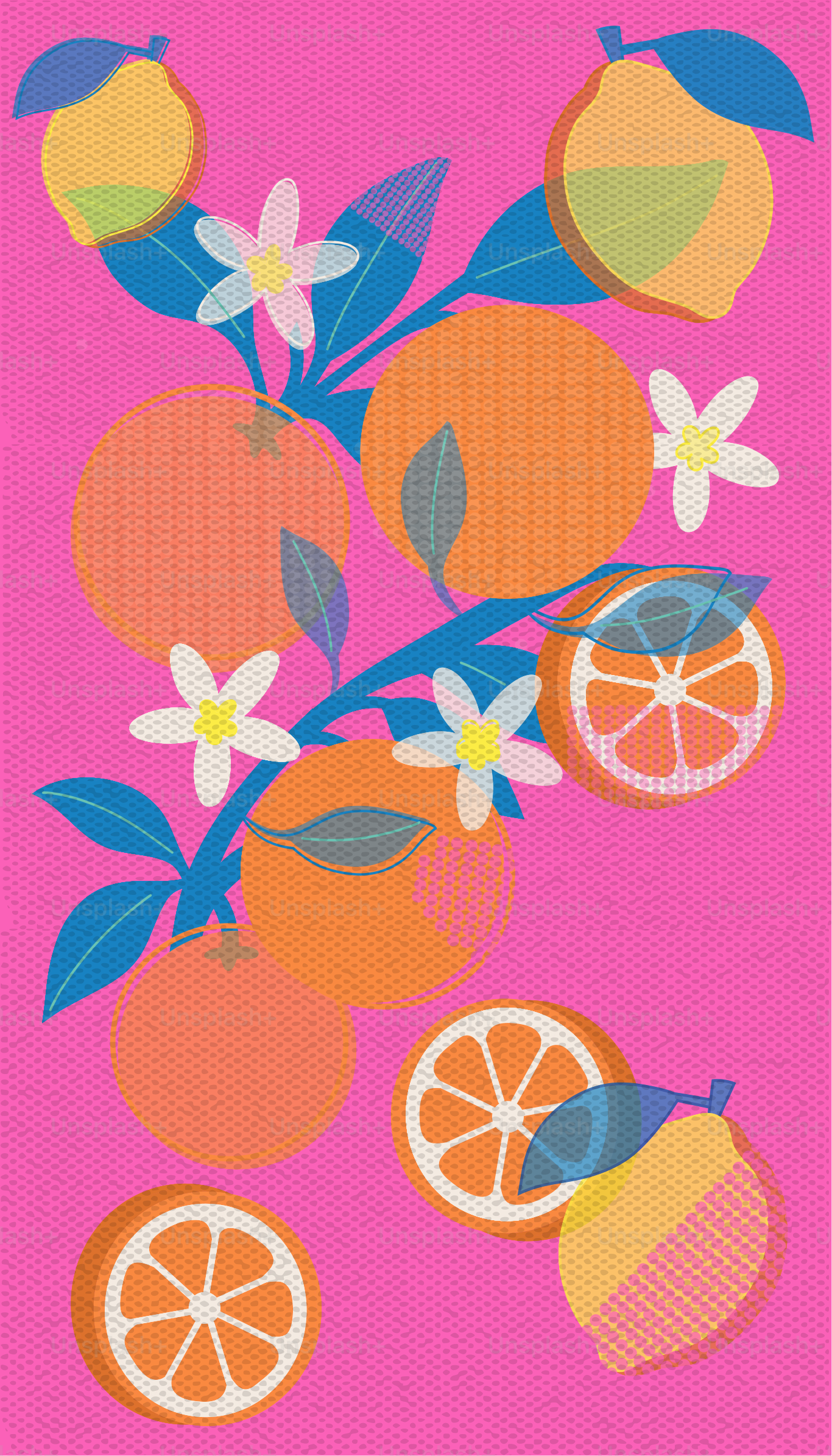 Oranges and lemons with flowers on a pink background.