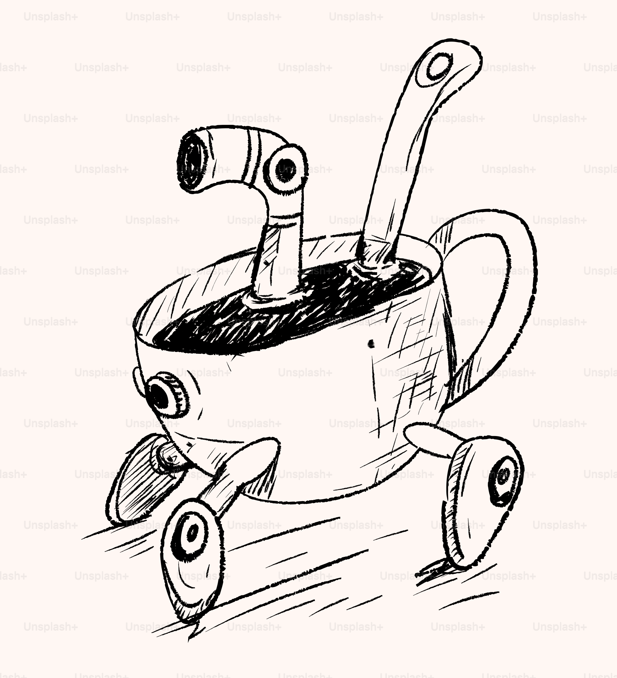 A whimsical robot made from a coffee cup.