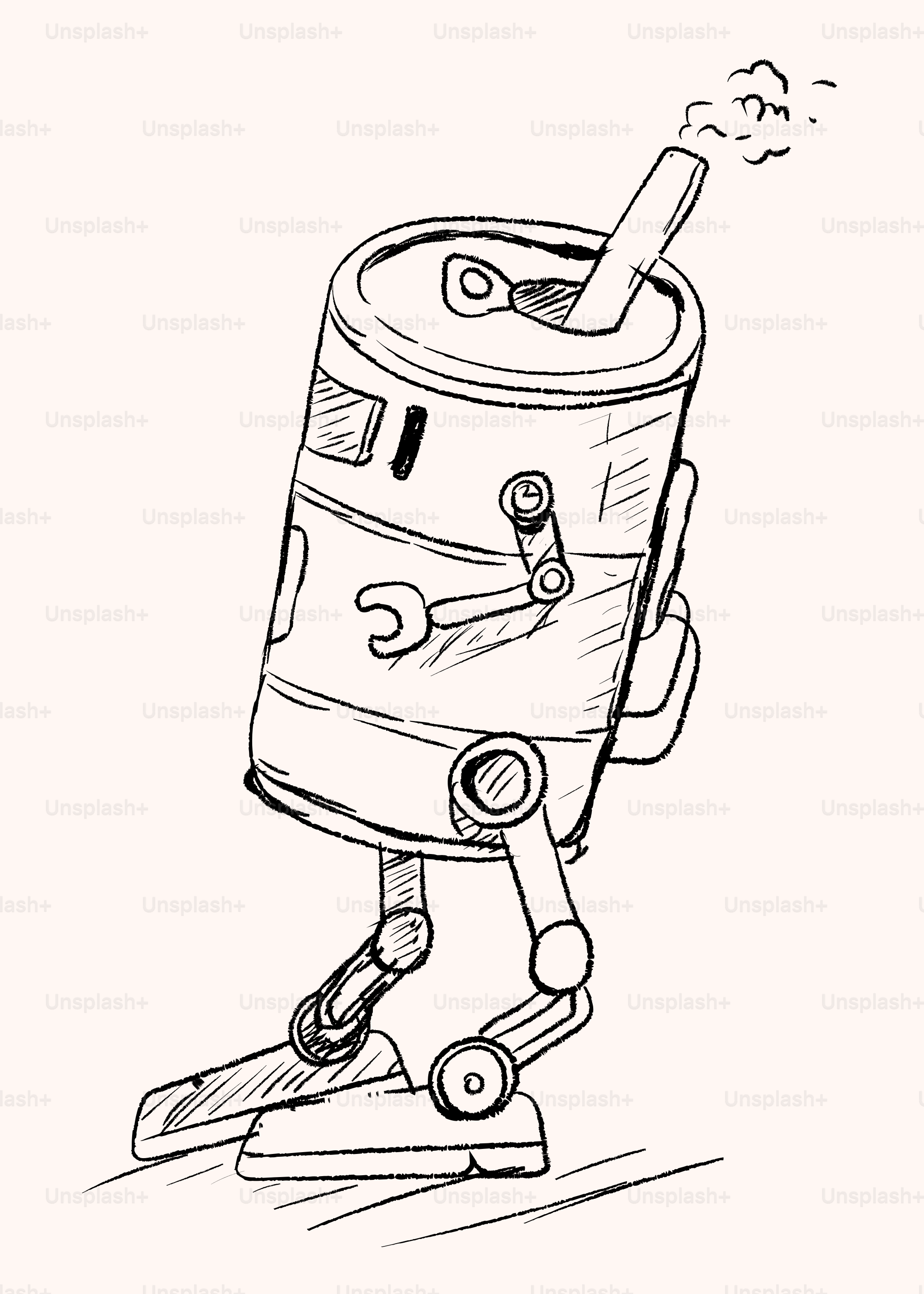 Boceto de un robot hecho con una lata de refresco