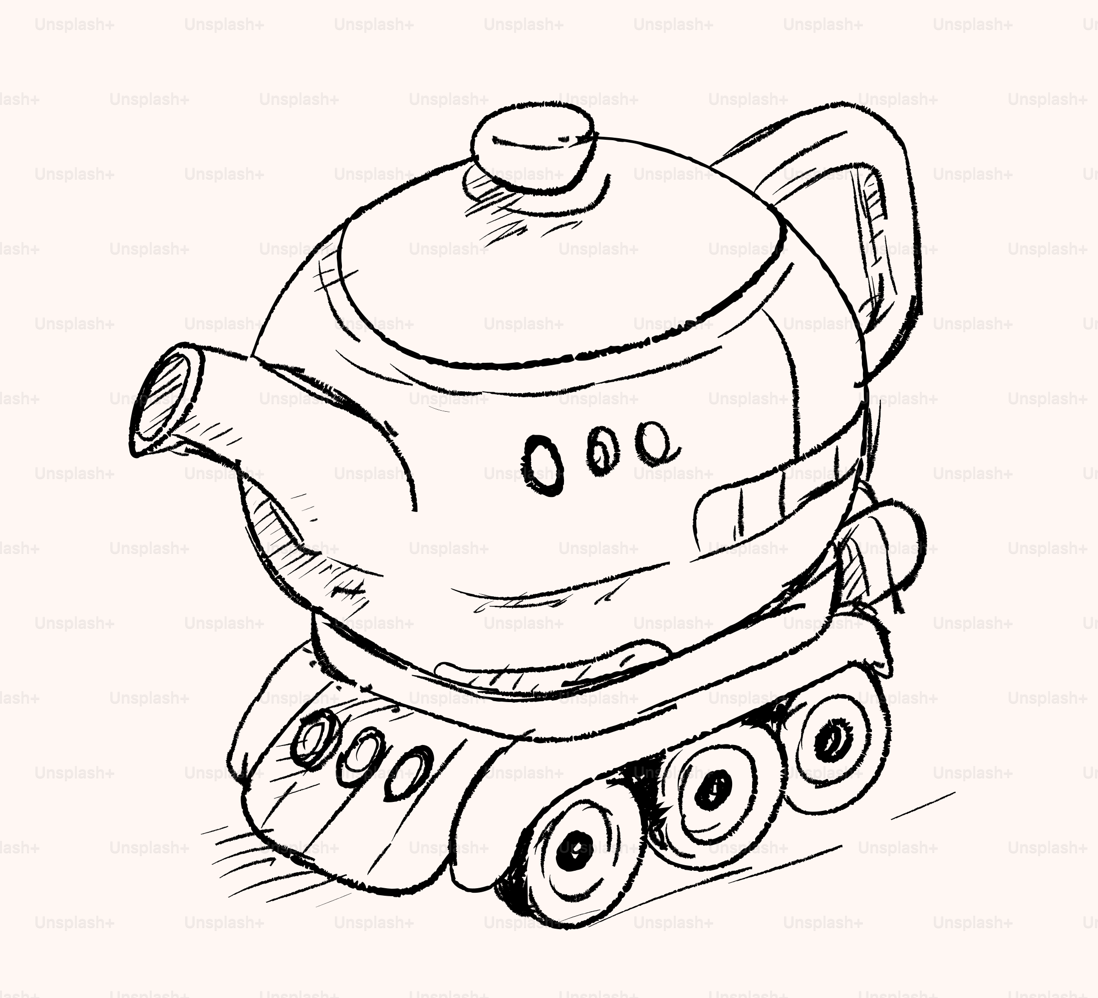 Sketch of a teapot on wheels