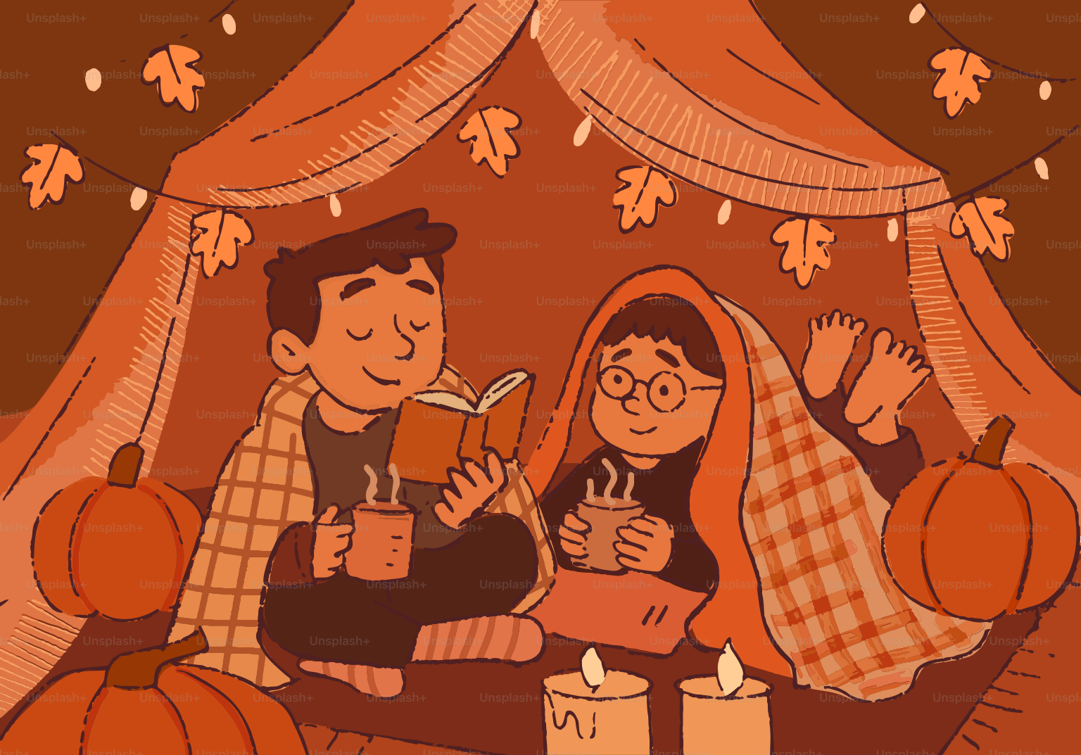 Couple reading in a cozy tent with pumpkins and candles.
