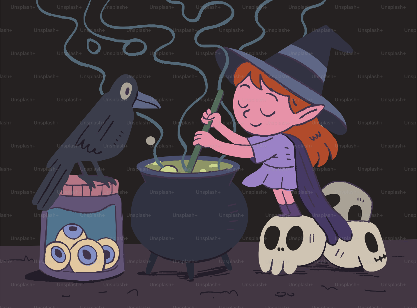 Witch stirs cauldron next to crow and jar of eyes