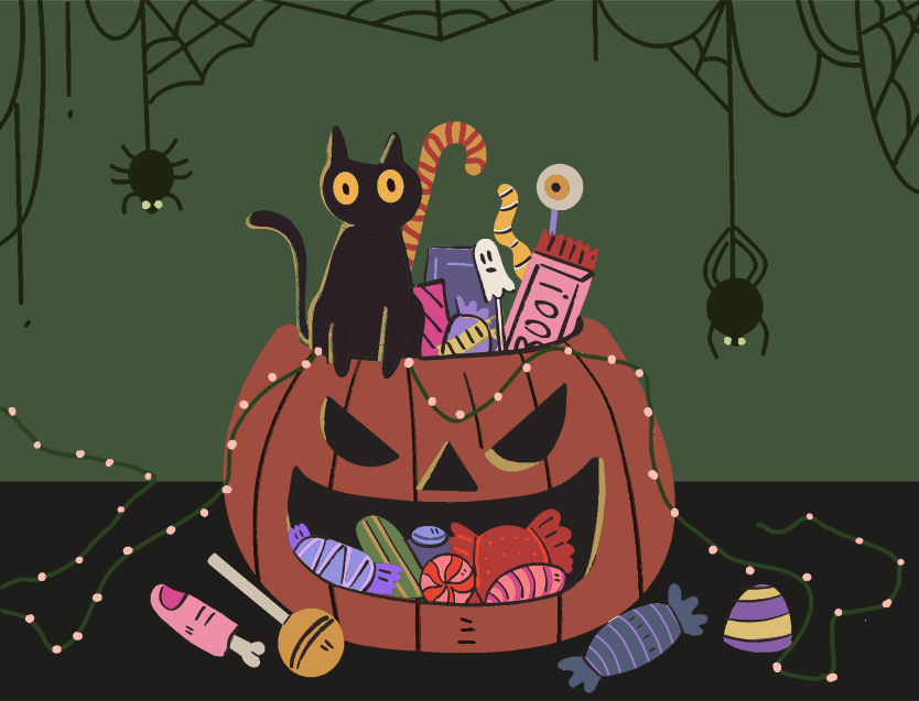 Black cat sits in a jack-o'-lantern overflowing with halloween candy.