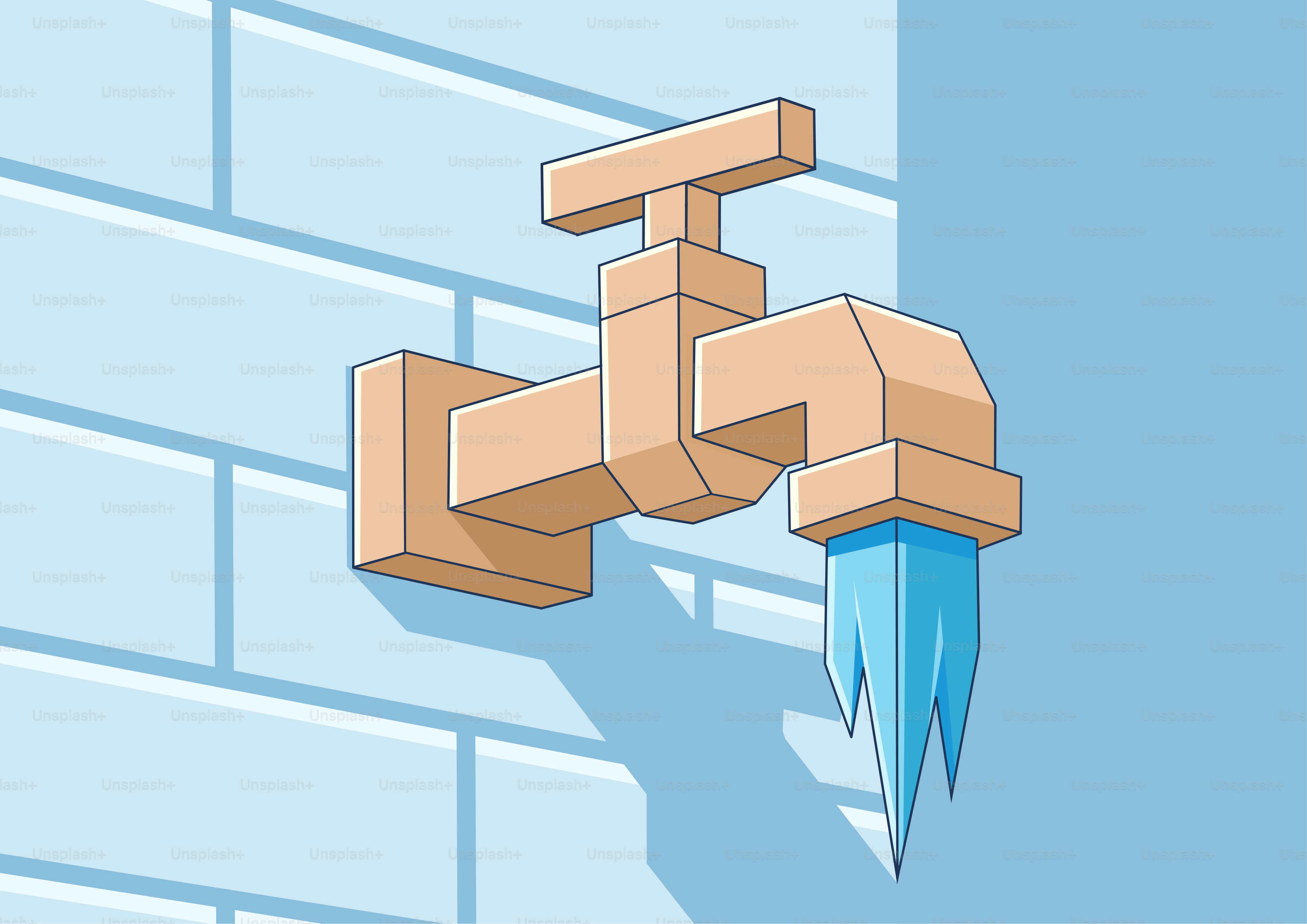 A faucet dripping icy blue water onto a tiled wall.