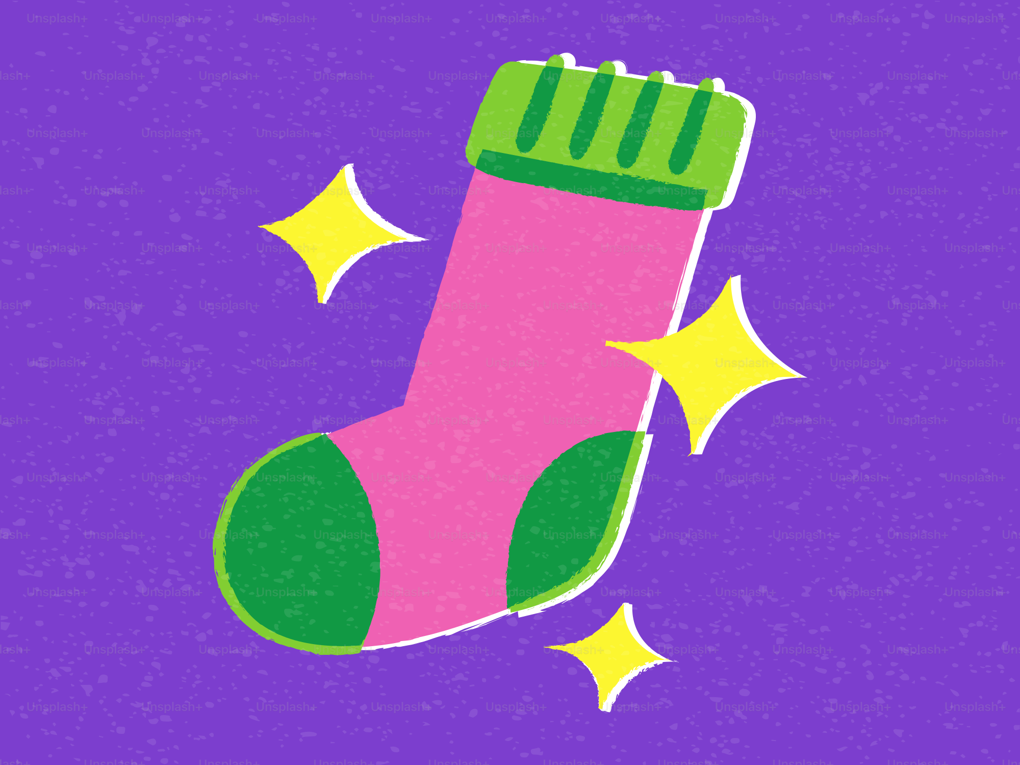 A pink and green sock with yellow sparkles.