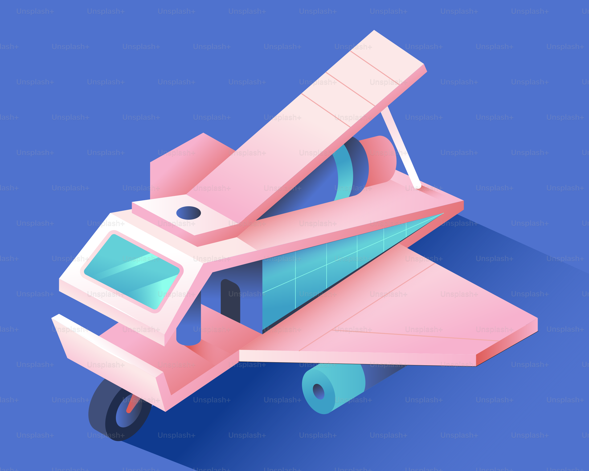 A pink futuristic airplane on a blue background