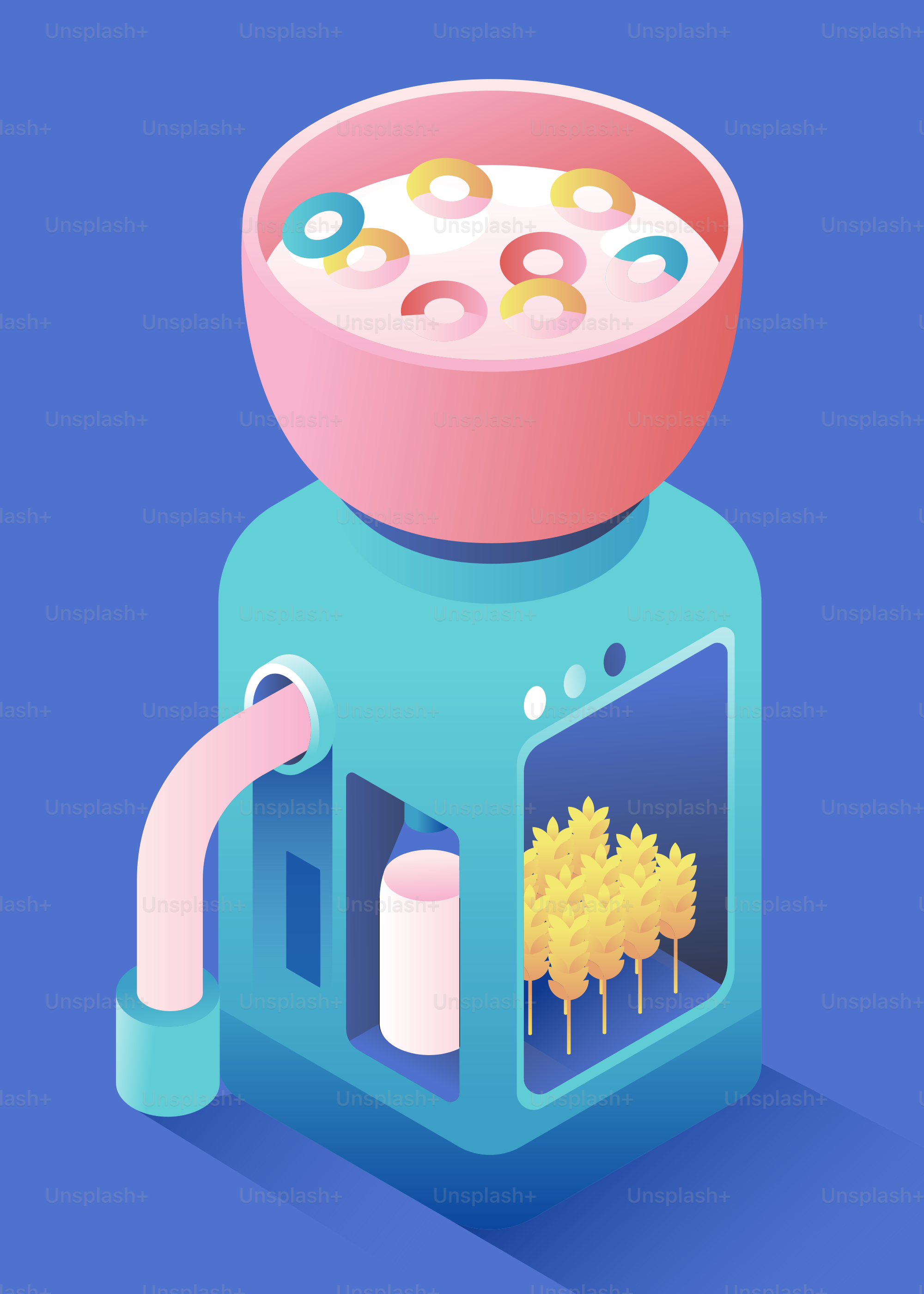 Cereal machine making waffles on a blue background