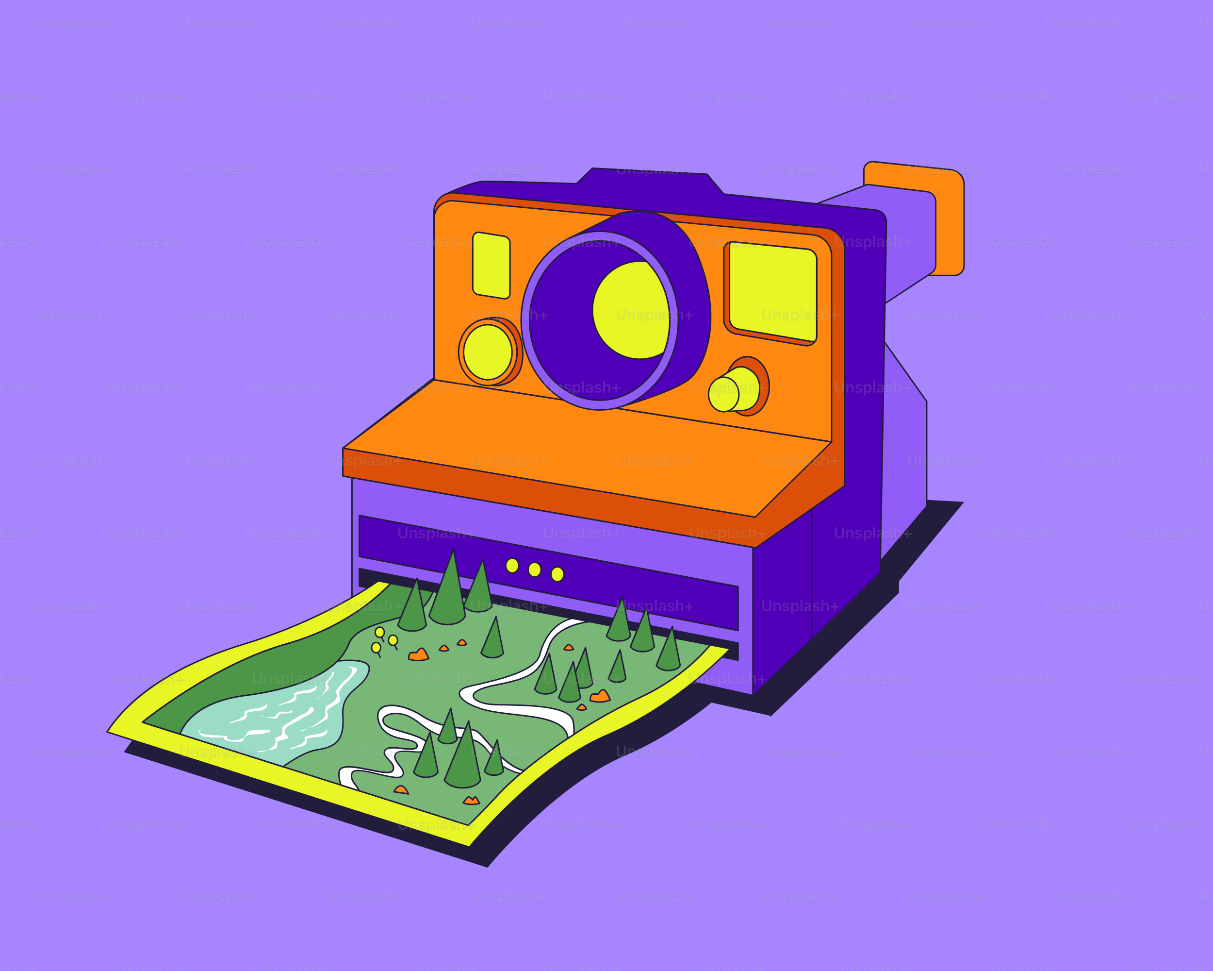 Instant camera printing a landscape scene
