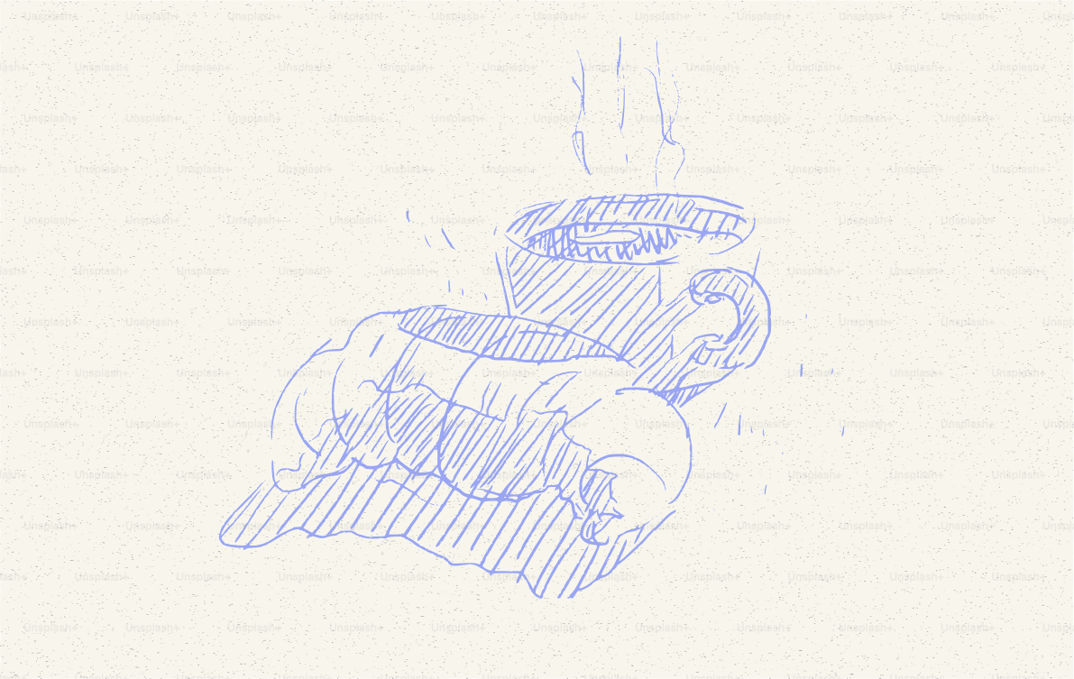 Schizzo di una tazza di caffè fumante e un croissant