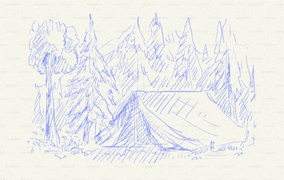 Tenda montata in una radura forestale con montagne.