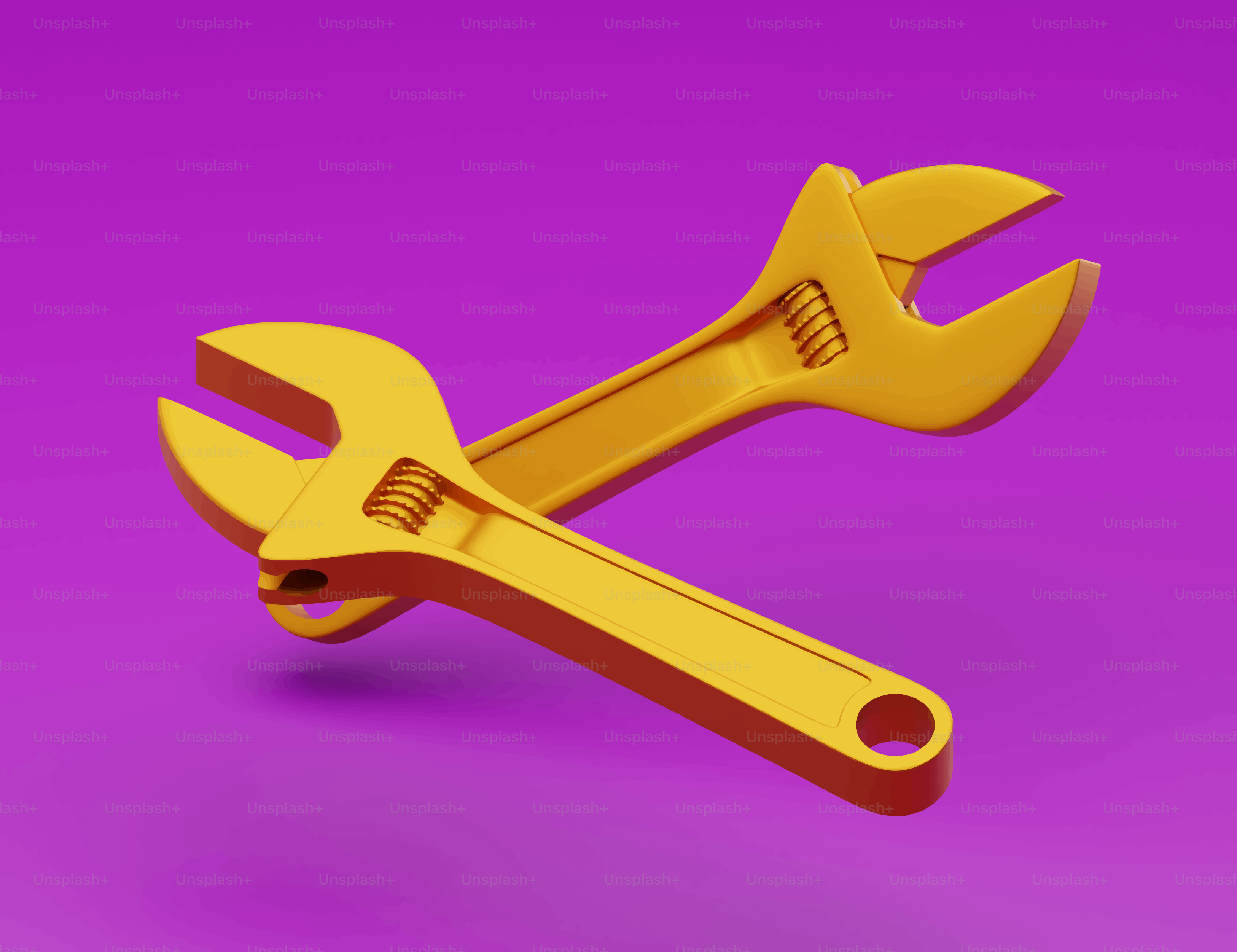 Two golden wrenches on a purple background
