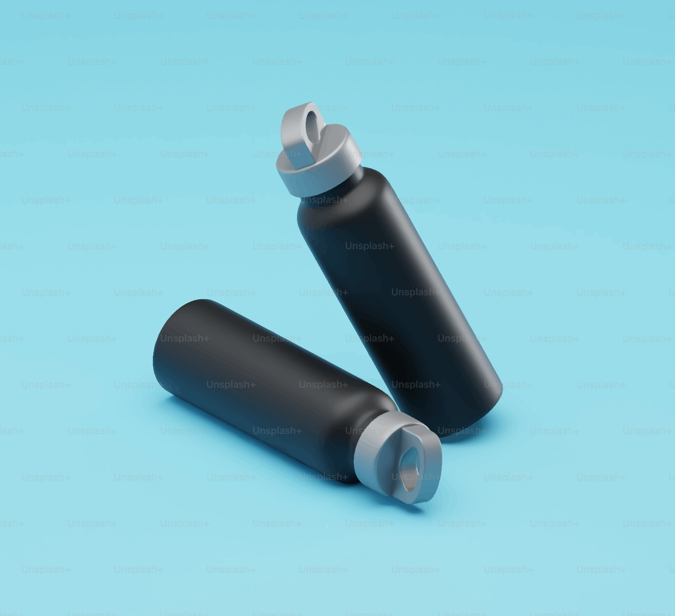 Two black water bottles on a blue background