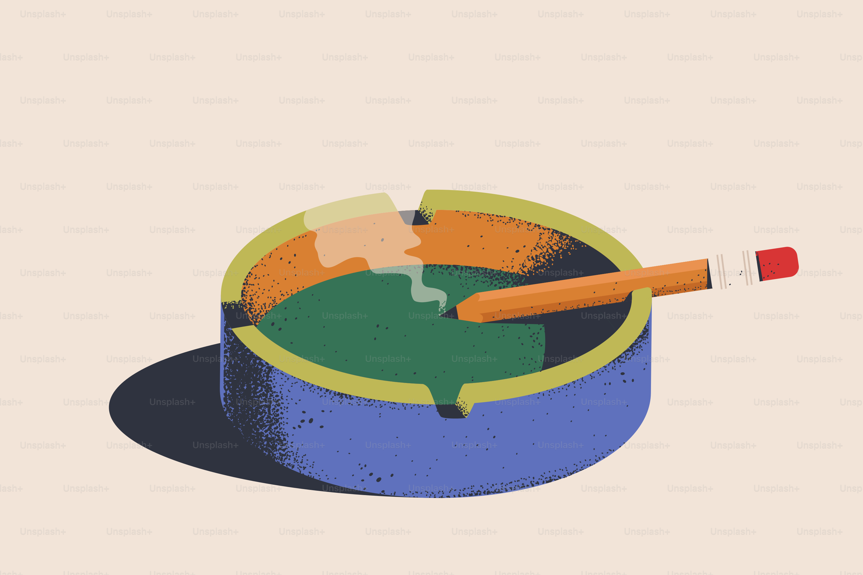 A pencil rests in an ashtray with ash.