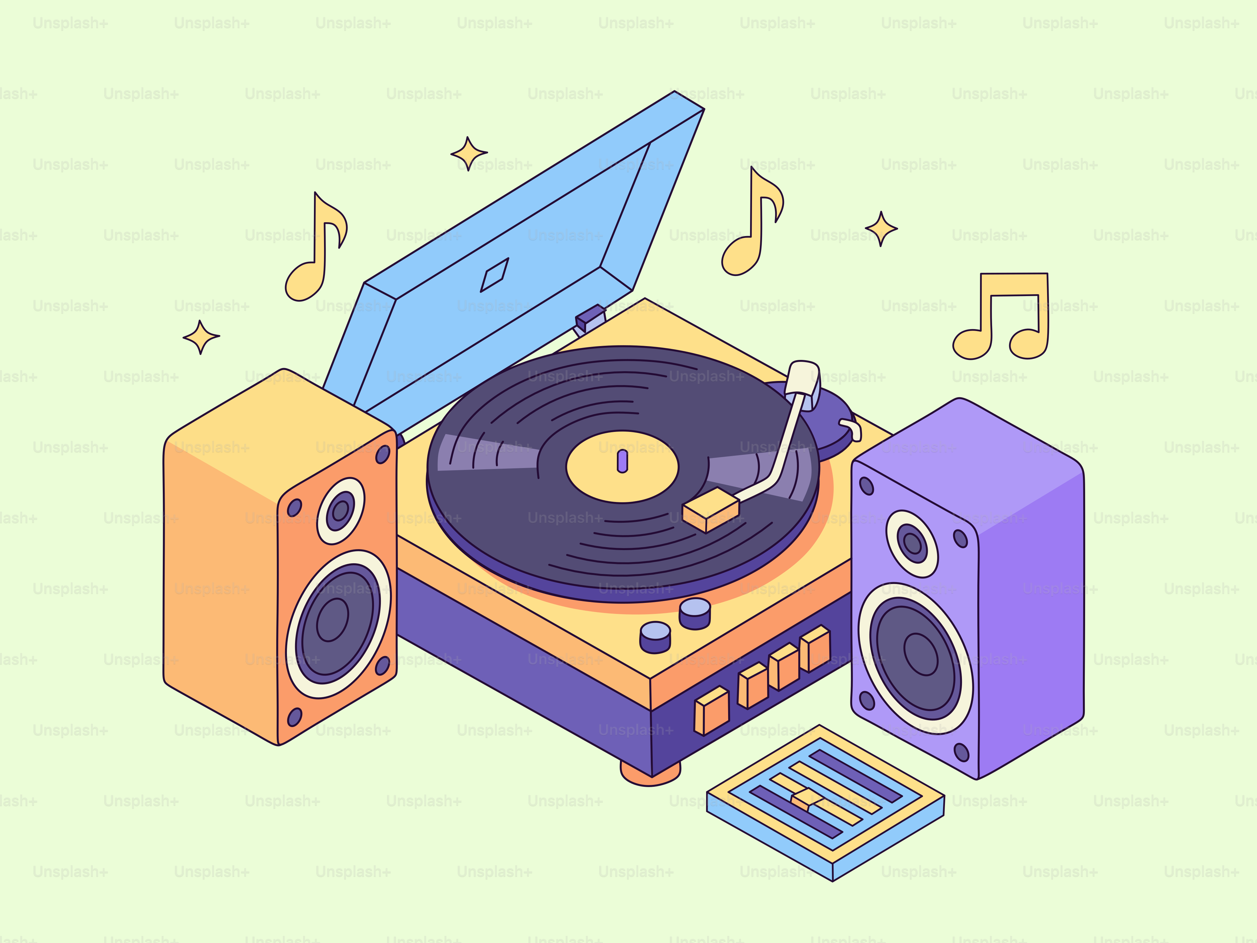 Um toca-discos vintage com alto-falantes e notas musicais.