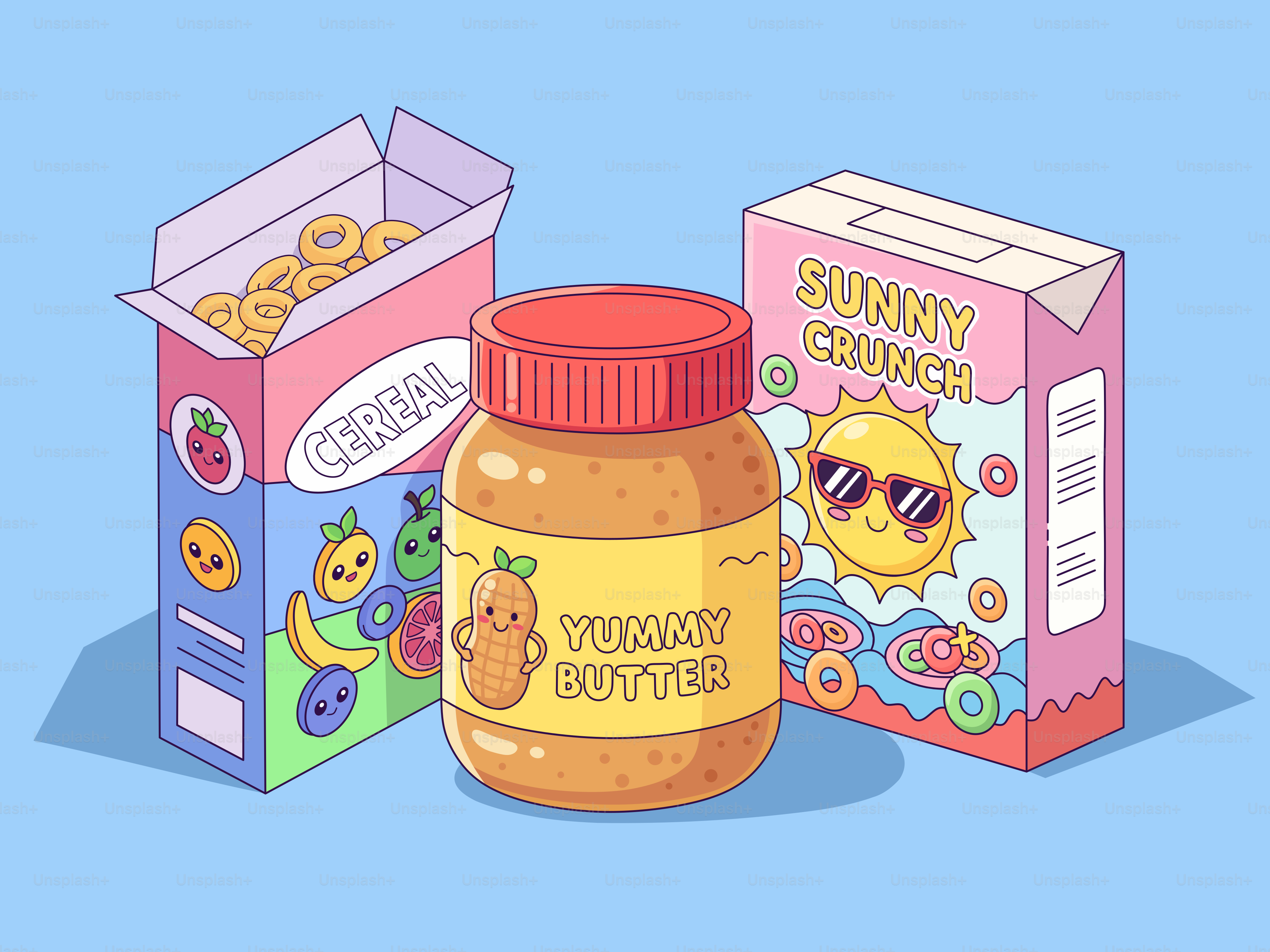 Cereal box and peanut butter jar on blue background