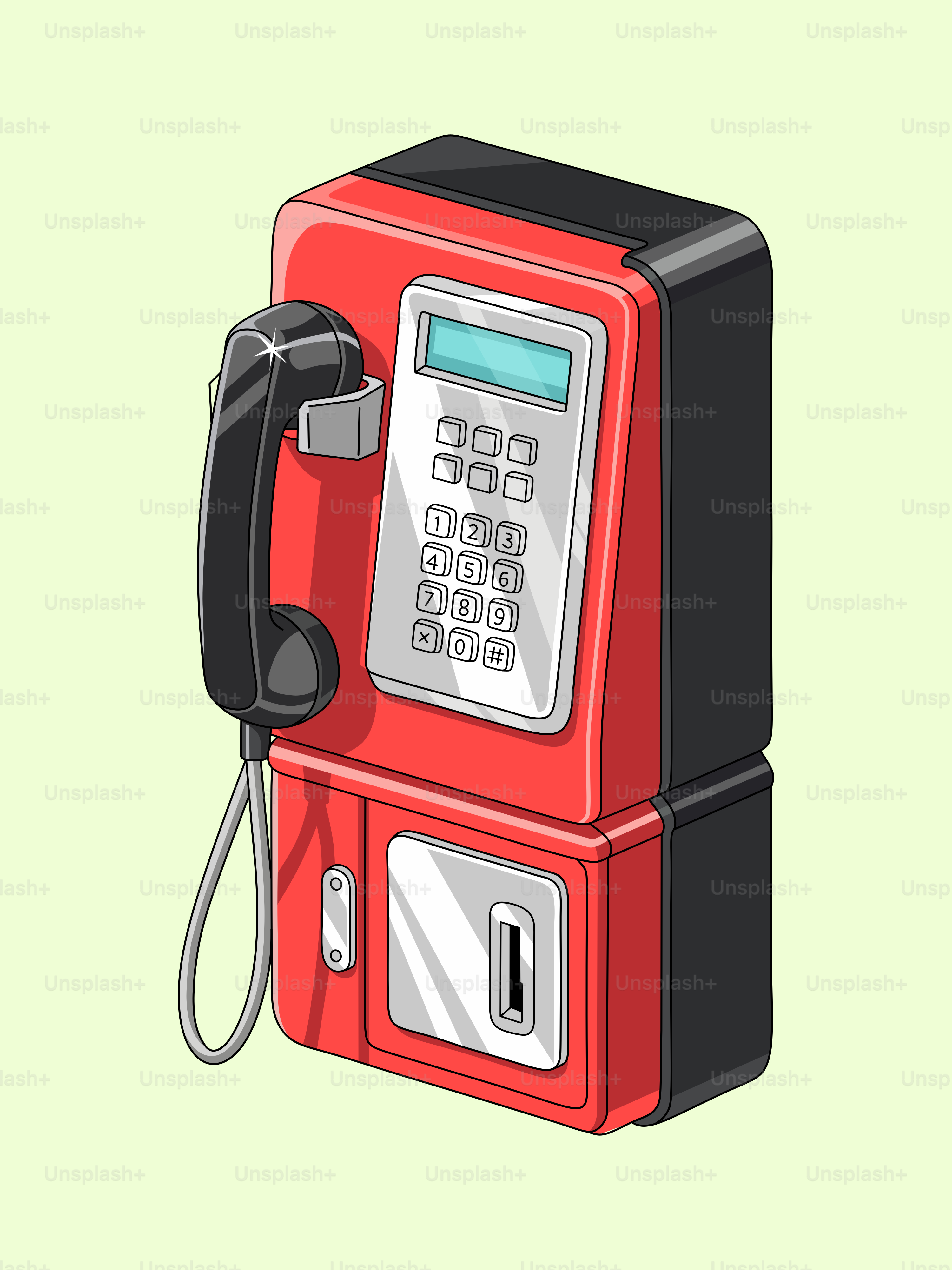 Ein rotes Münztelefon mit schwarzem Hörer und silberner Tastatur