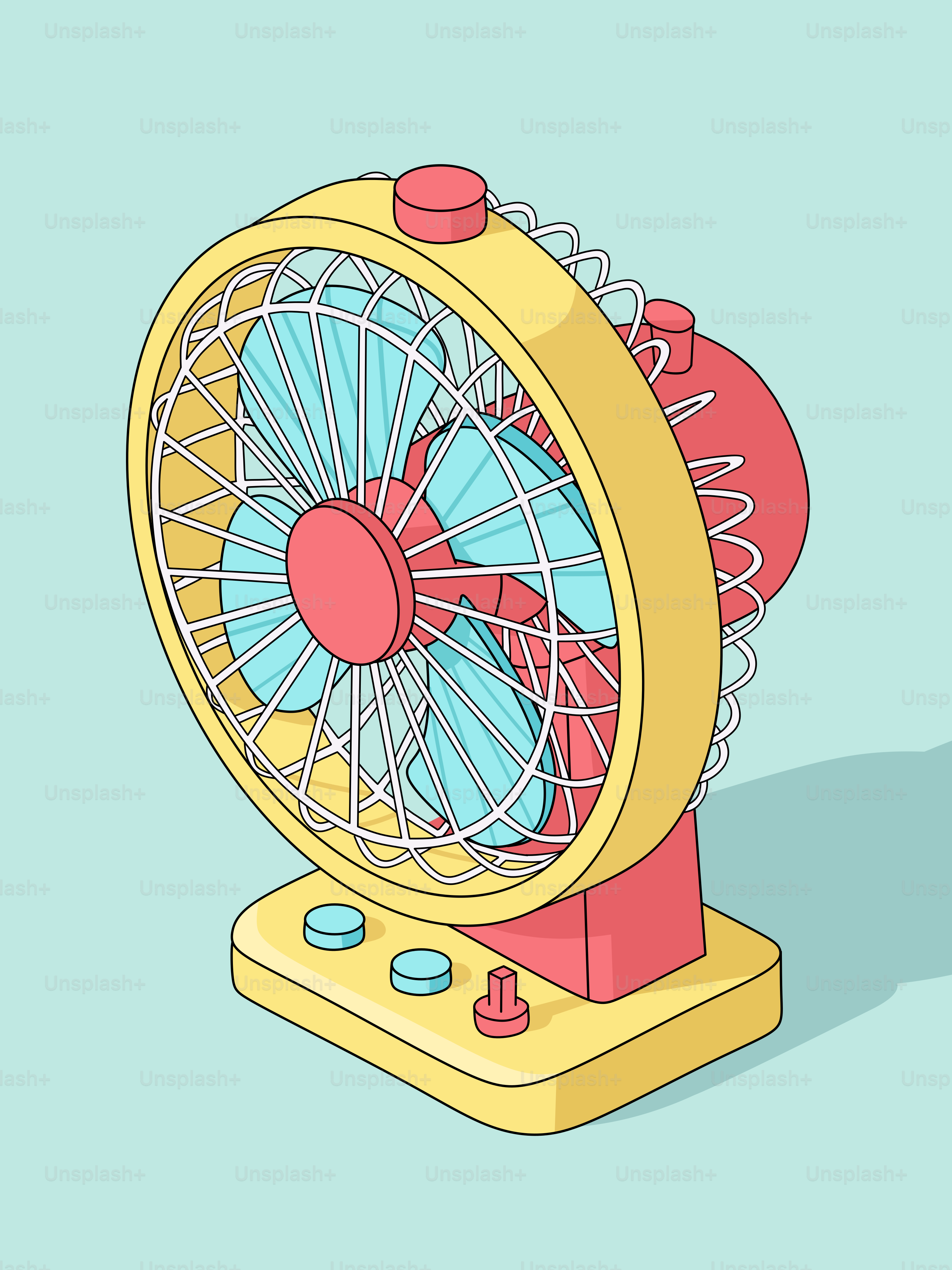 Un ventilatore da scrivania colorato con una cornice gialla.