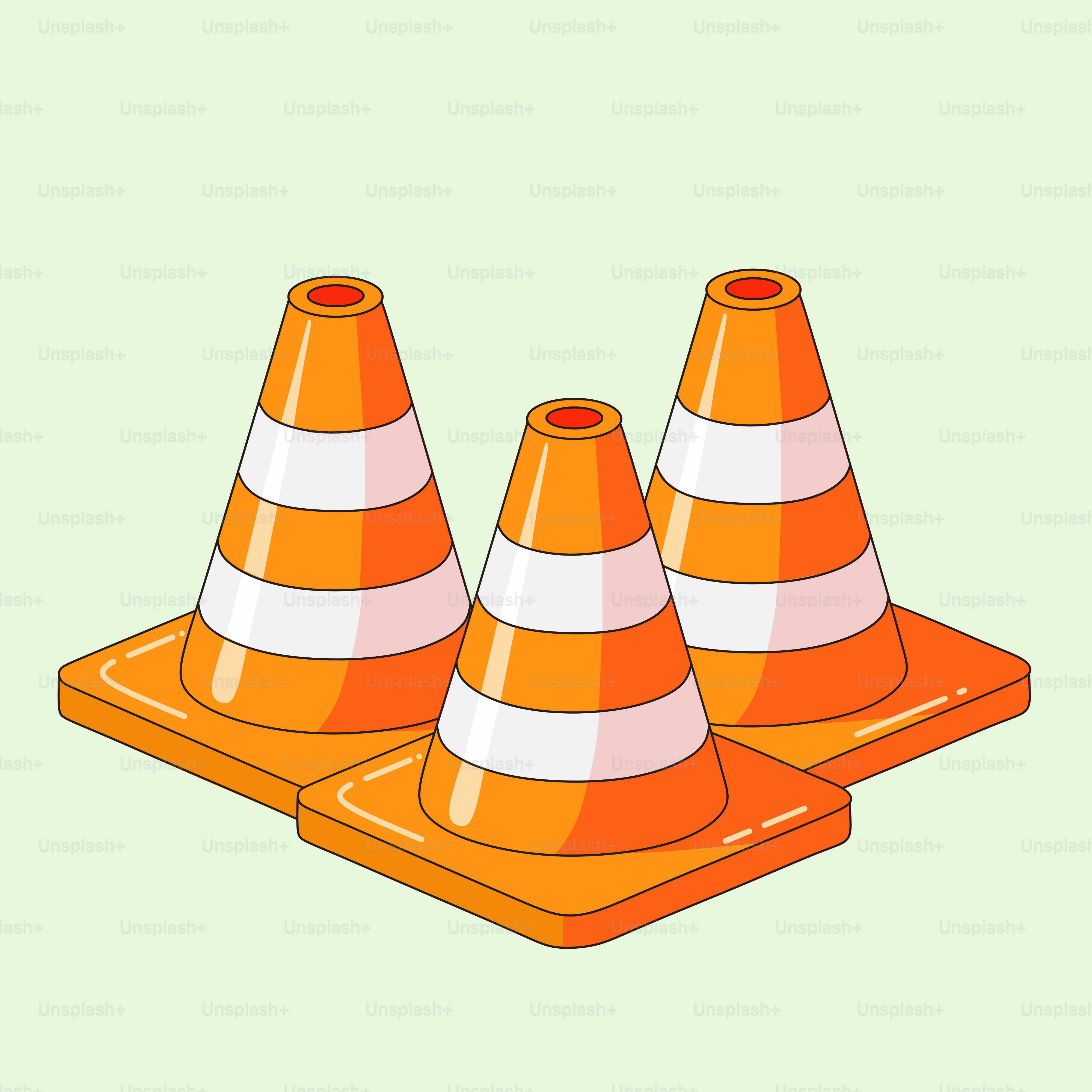 Tres conos de tráfico naranjas sobre un fondo verde claro