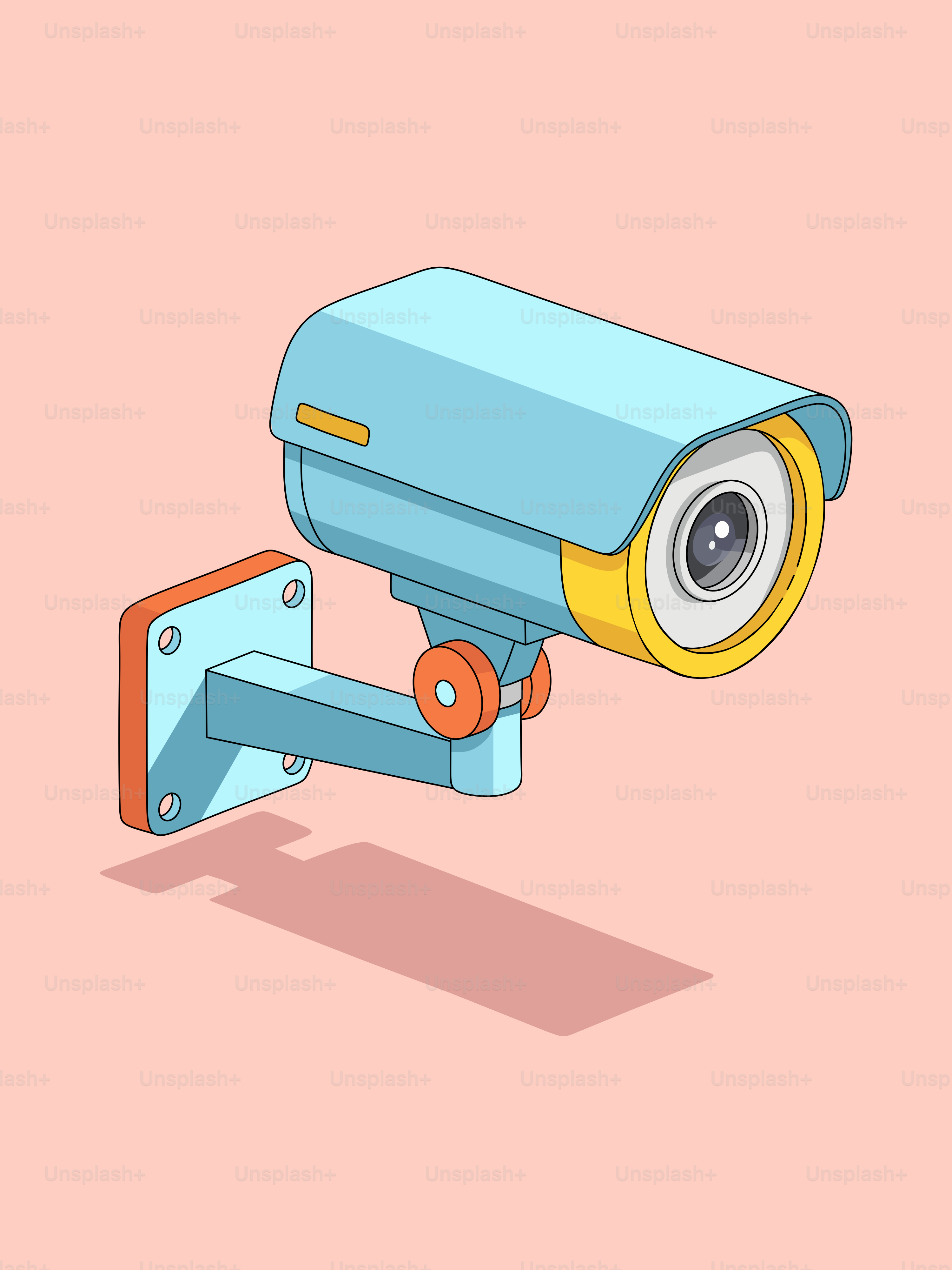 A blue security camera mounted on a wall.