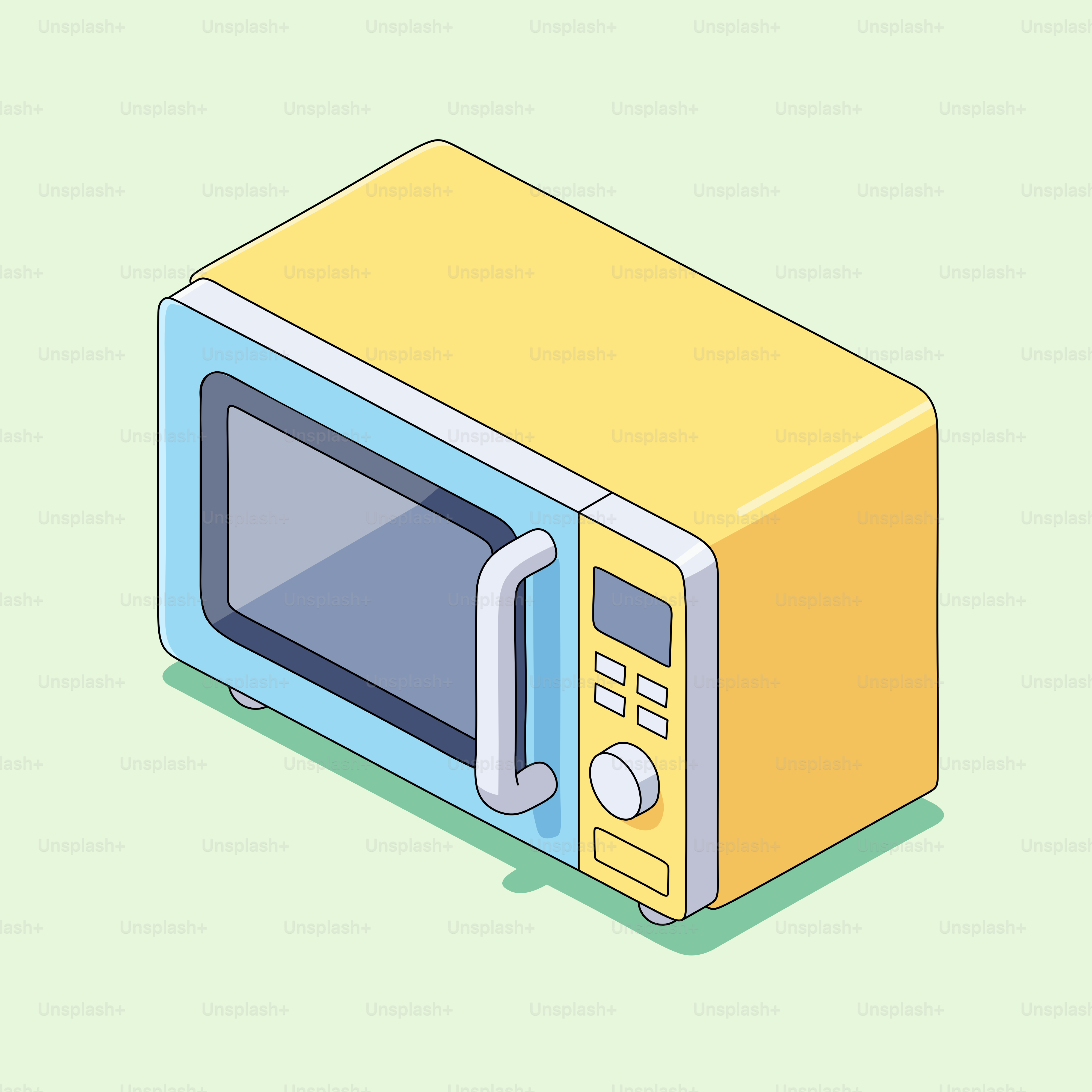 Ein gelb-blauer Mikrowellenofen mit Griff.