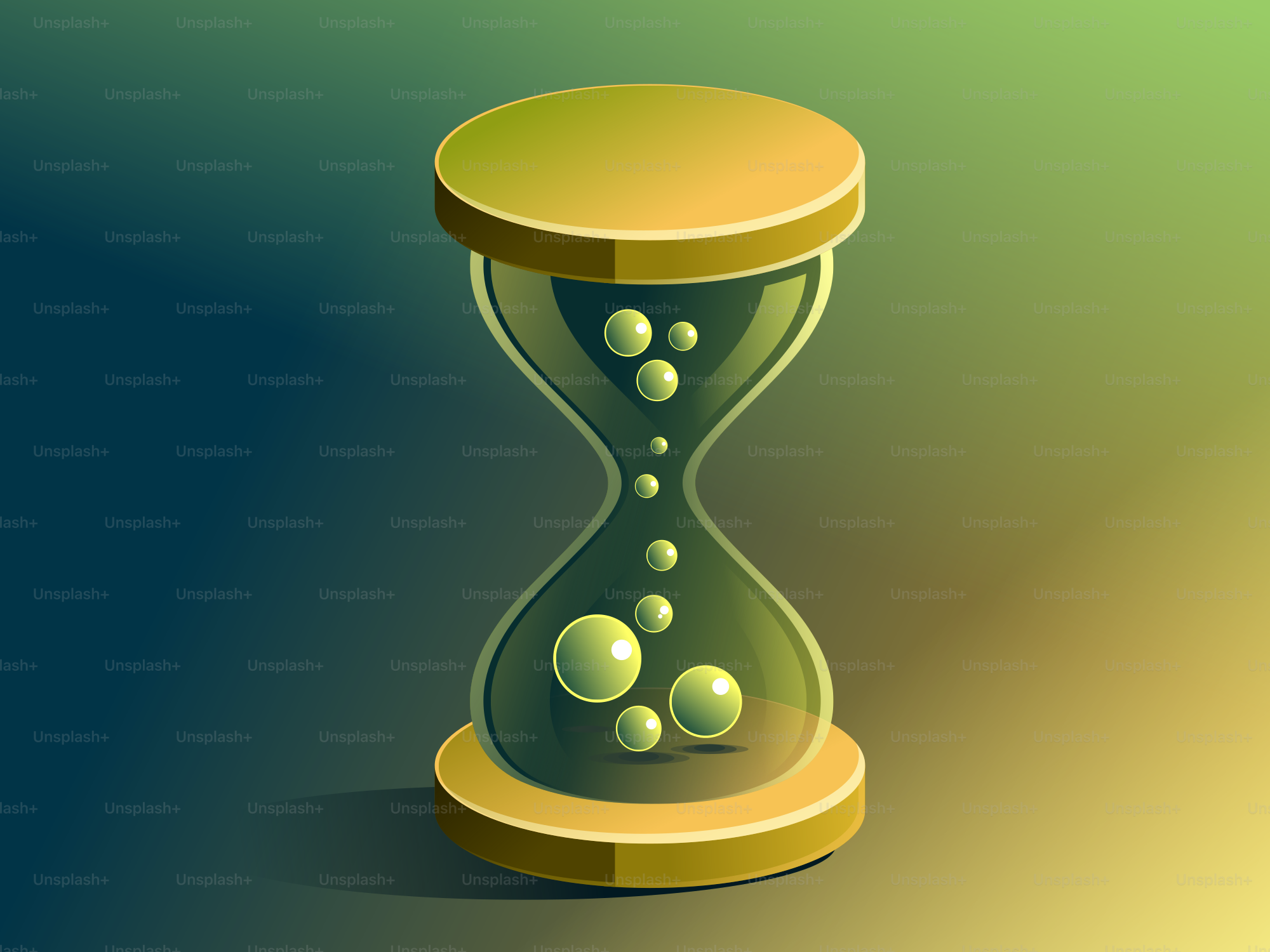 Reloj de arena con burbujas que se elevan en líquido verde.