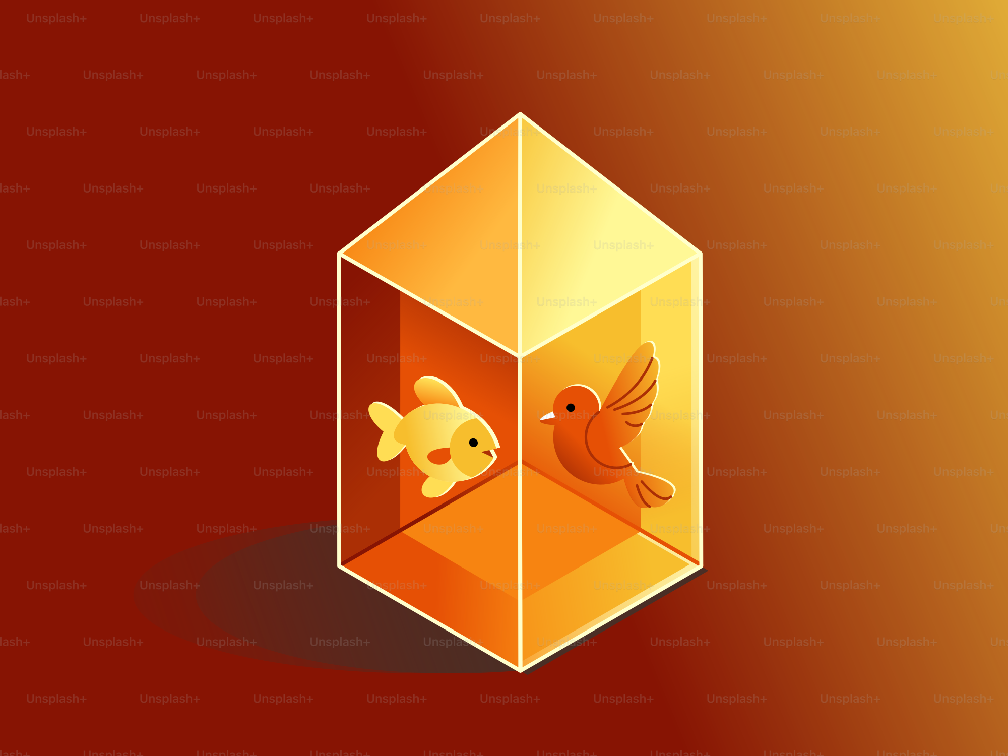 A fish and a bird inside a glass cube.