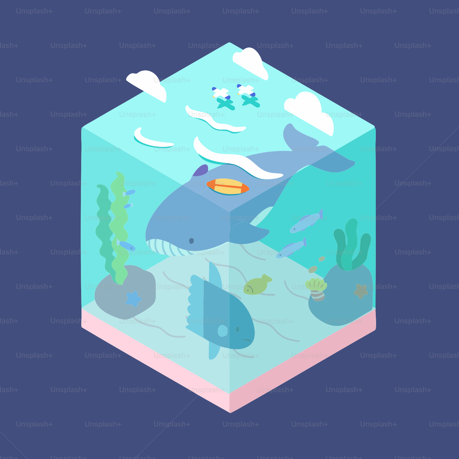 Whale and fish swim in a diorama ocean.