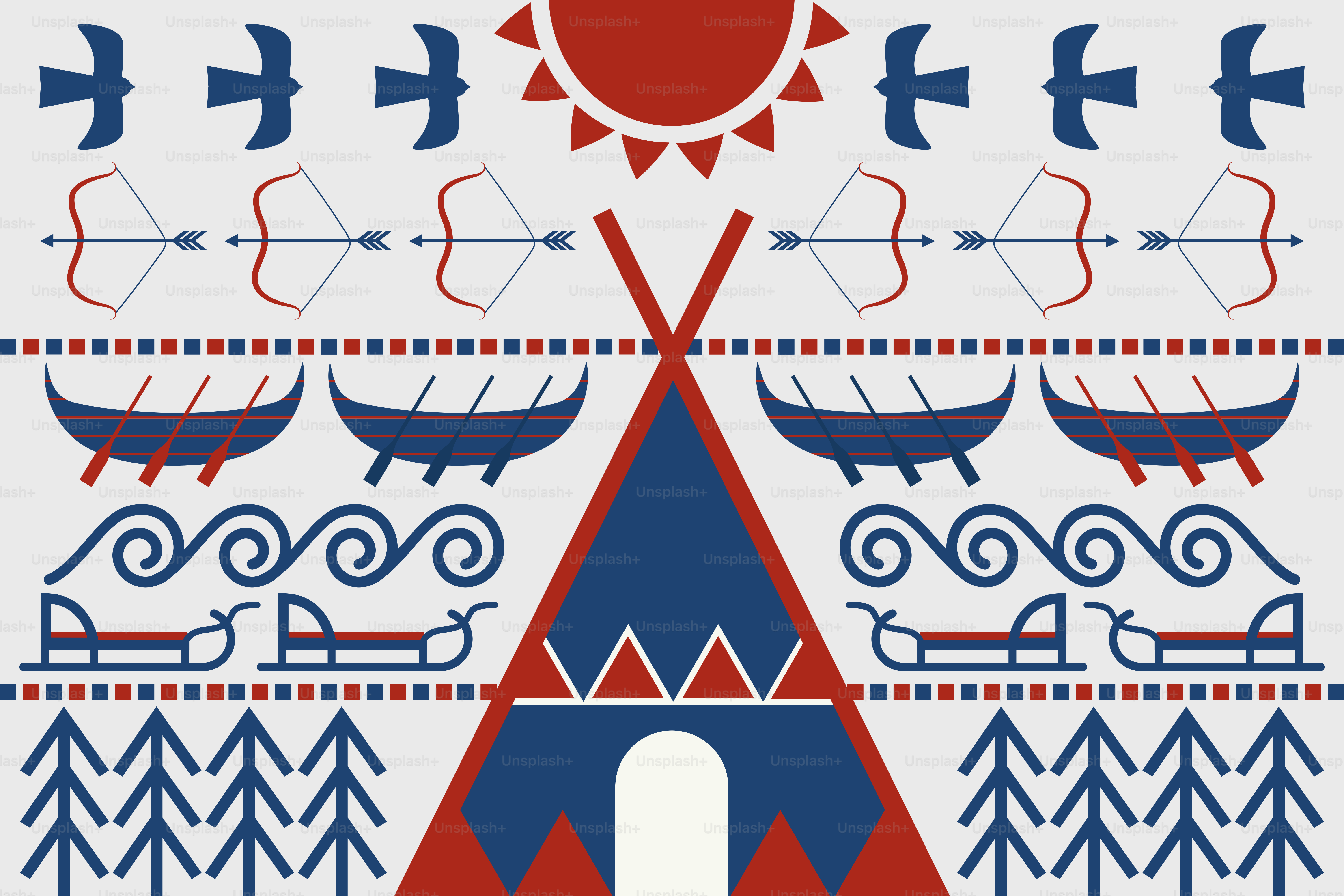 Nautical and tribal motifs with teepee and sun.