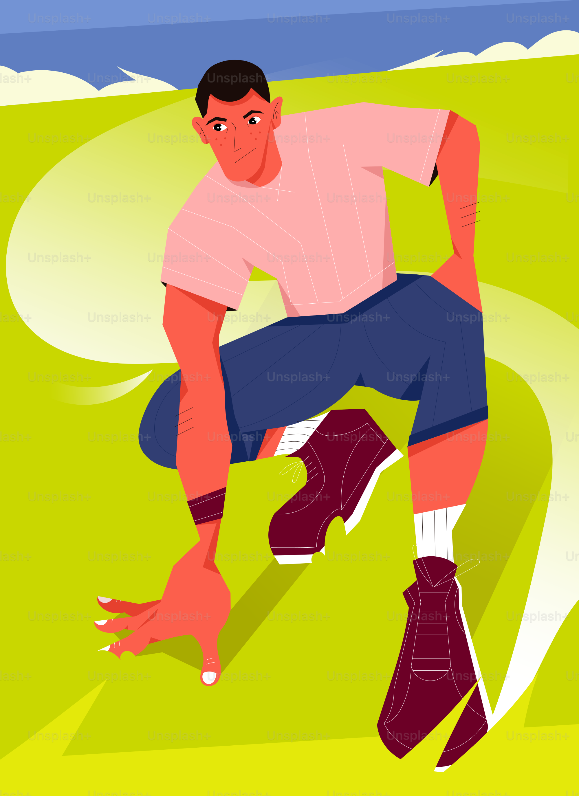 Man in athletic wear crouching on grassy field.