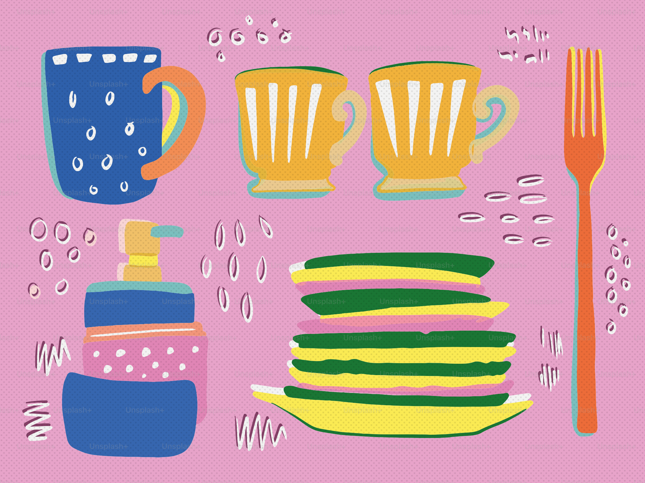 Utensilios de cocina coloridos y artículos de limpieza sobre fondo rosa