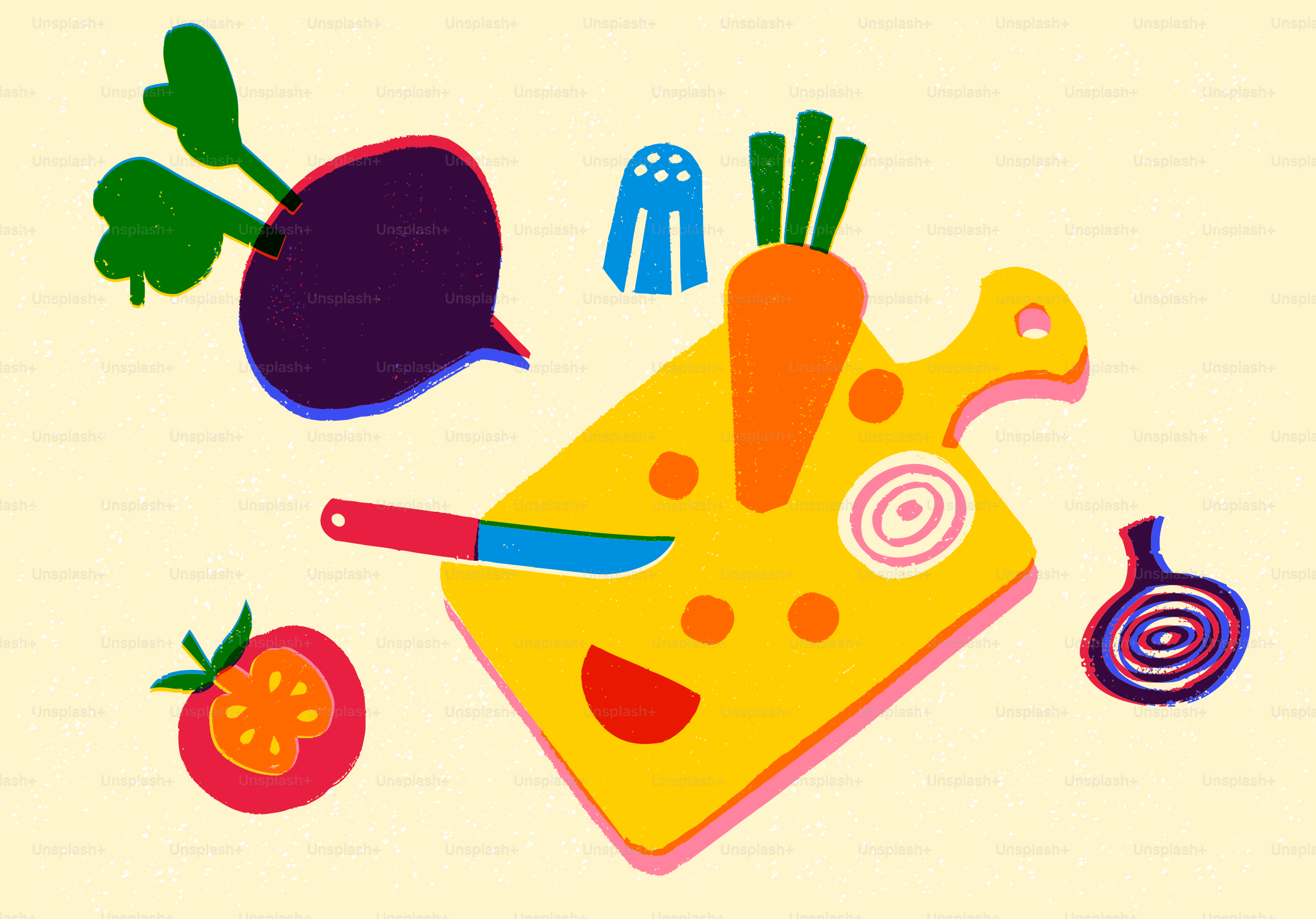 Illustrazioni colorate di verdure e tagliere a cartoni animati.