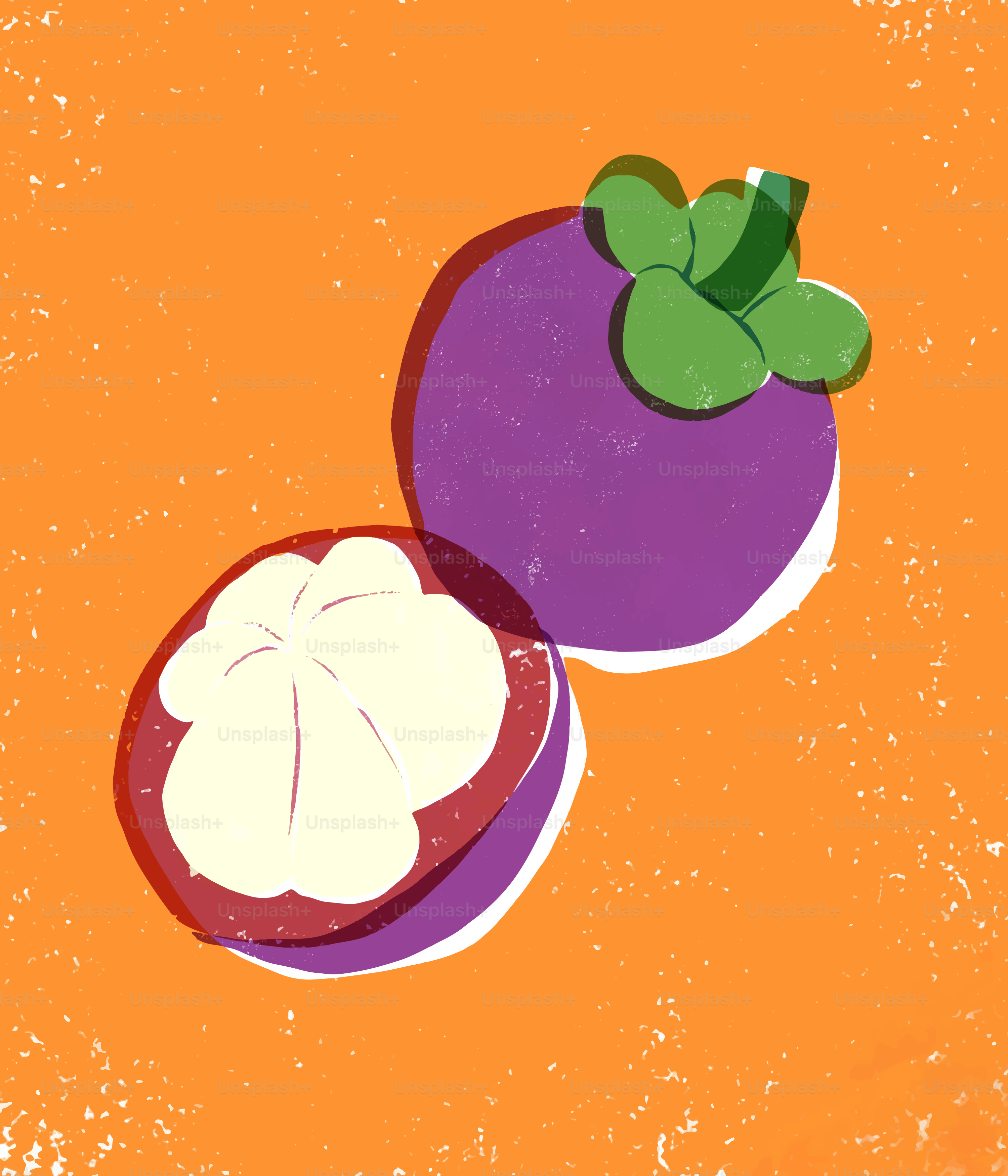 Ganze und halbierte Mangostan-Frucht auf orangefarbenem Hintergrund