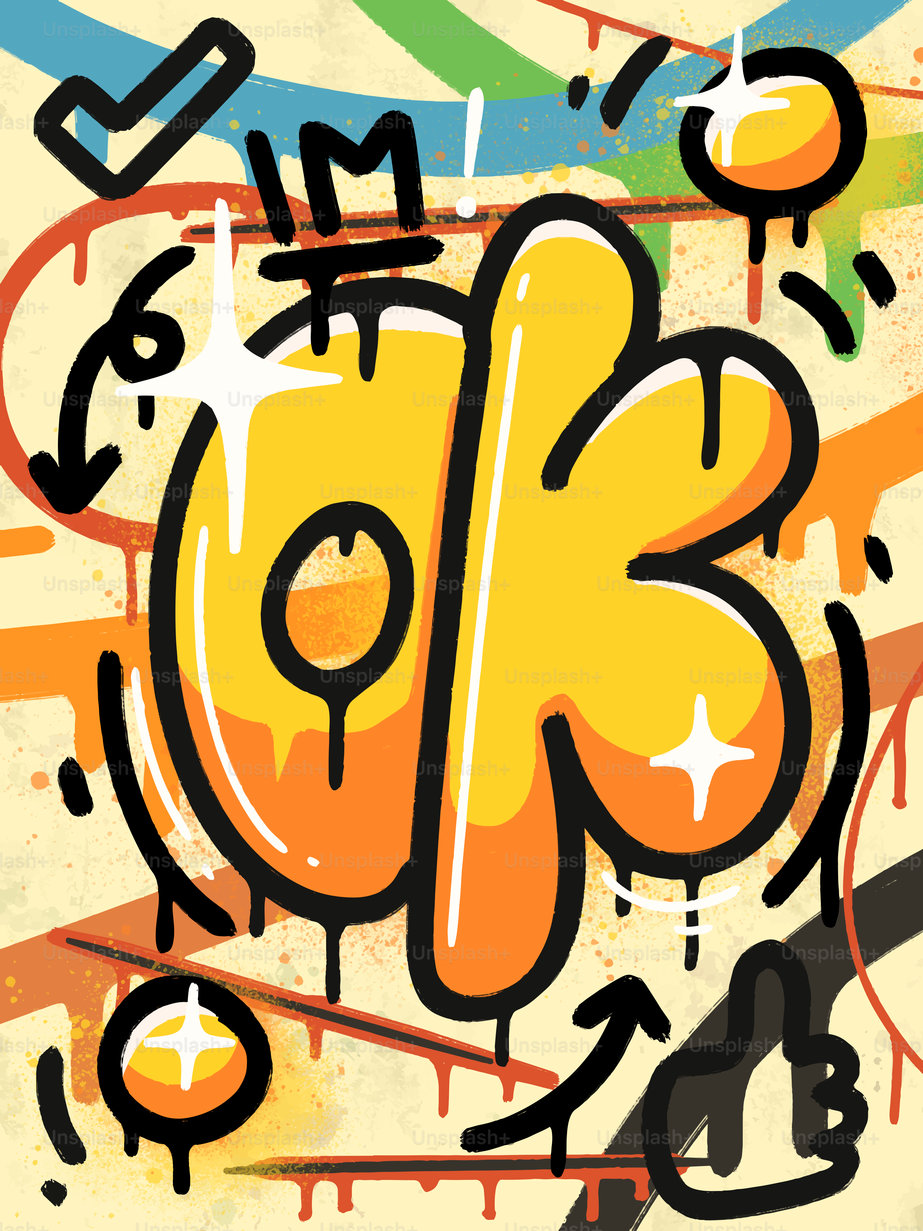 Simbolo "ok" in stile graffiti con elementi astratti colorati
