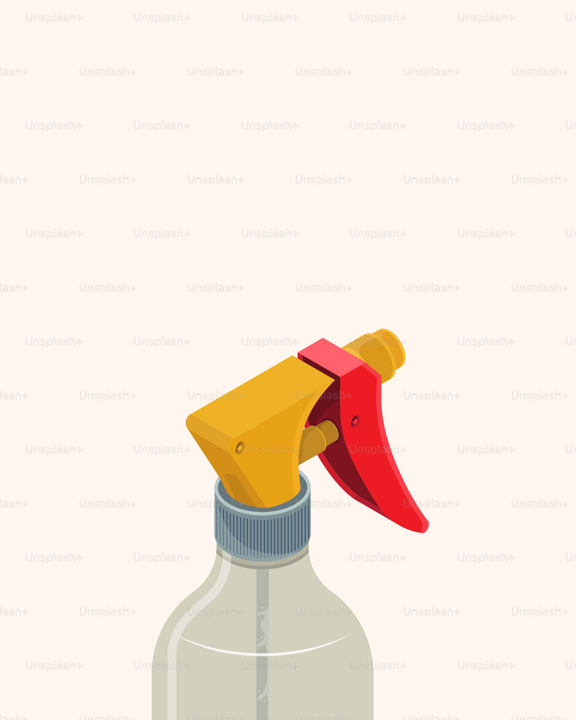 Yellow and red spray bottle nozzle on clear bottle