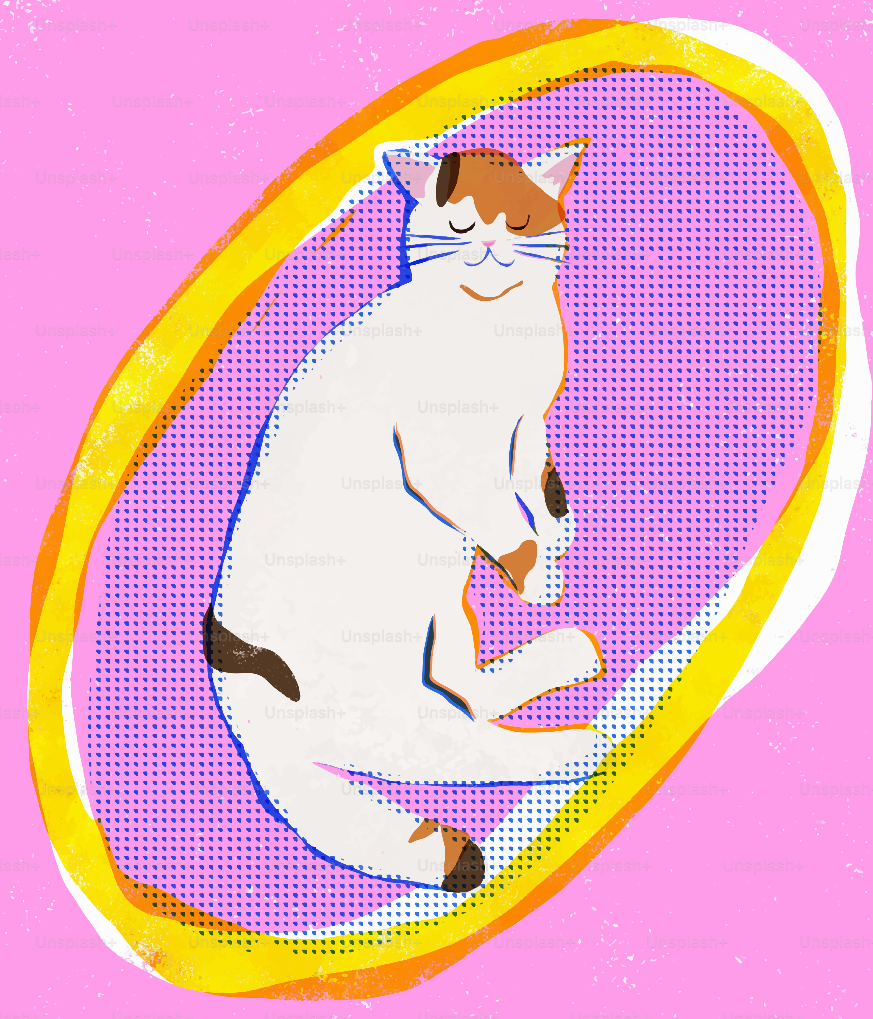 A white cat with brown spots sleeps peacefully.