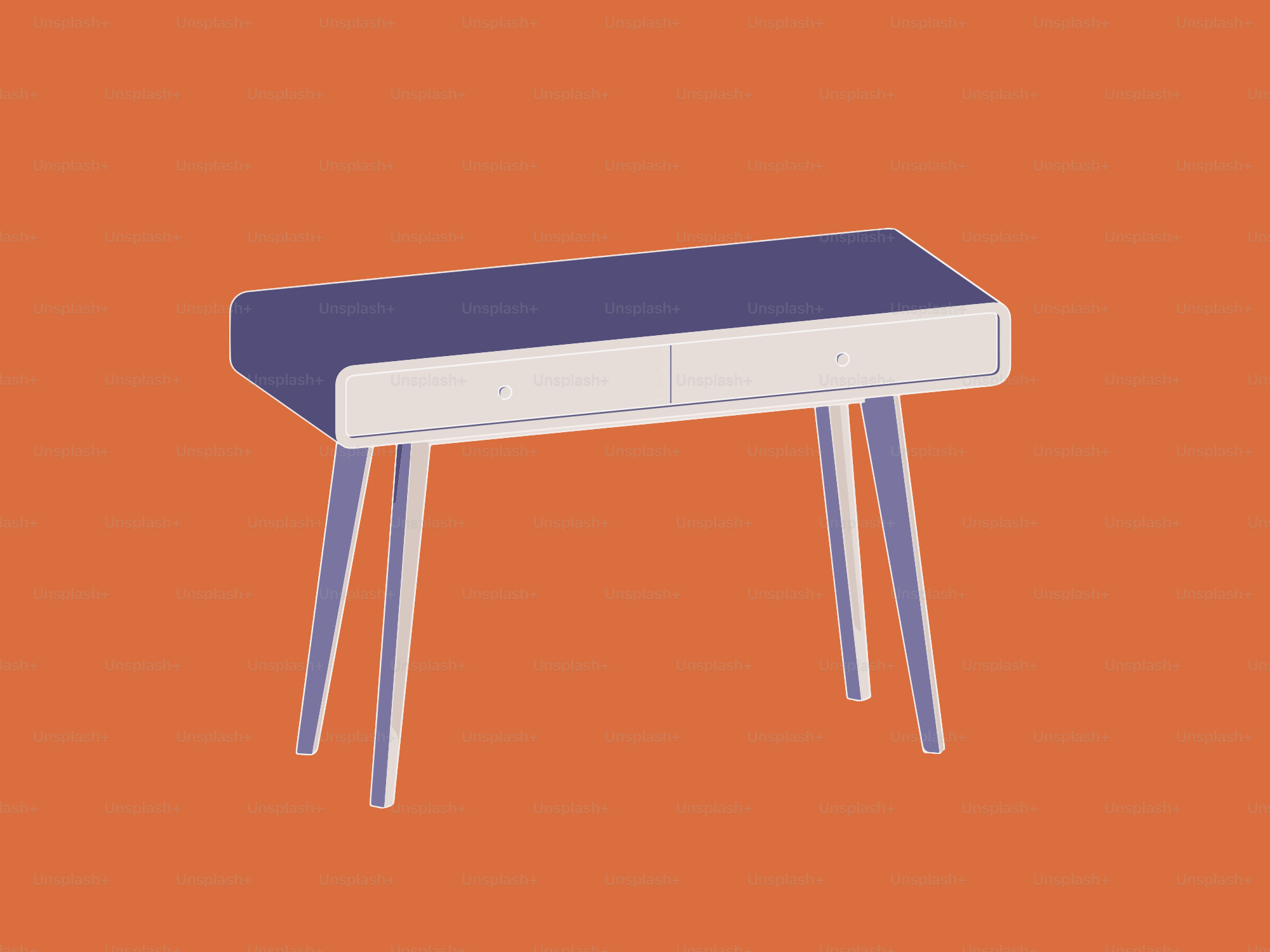 A modern desk with blue top and white drawers.