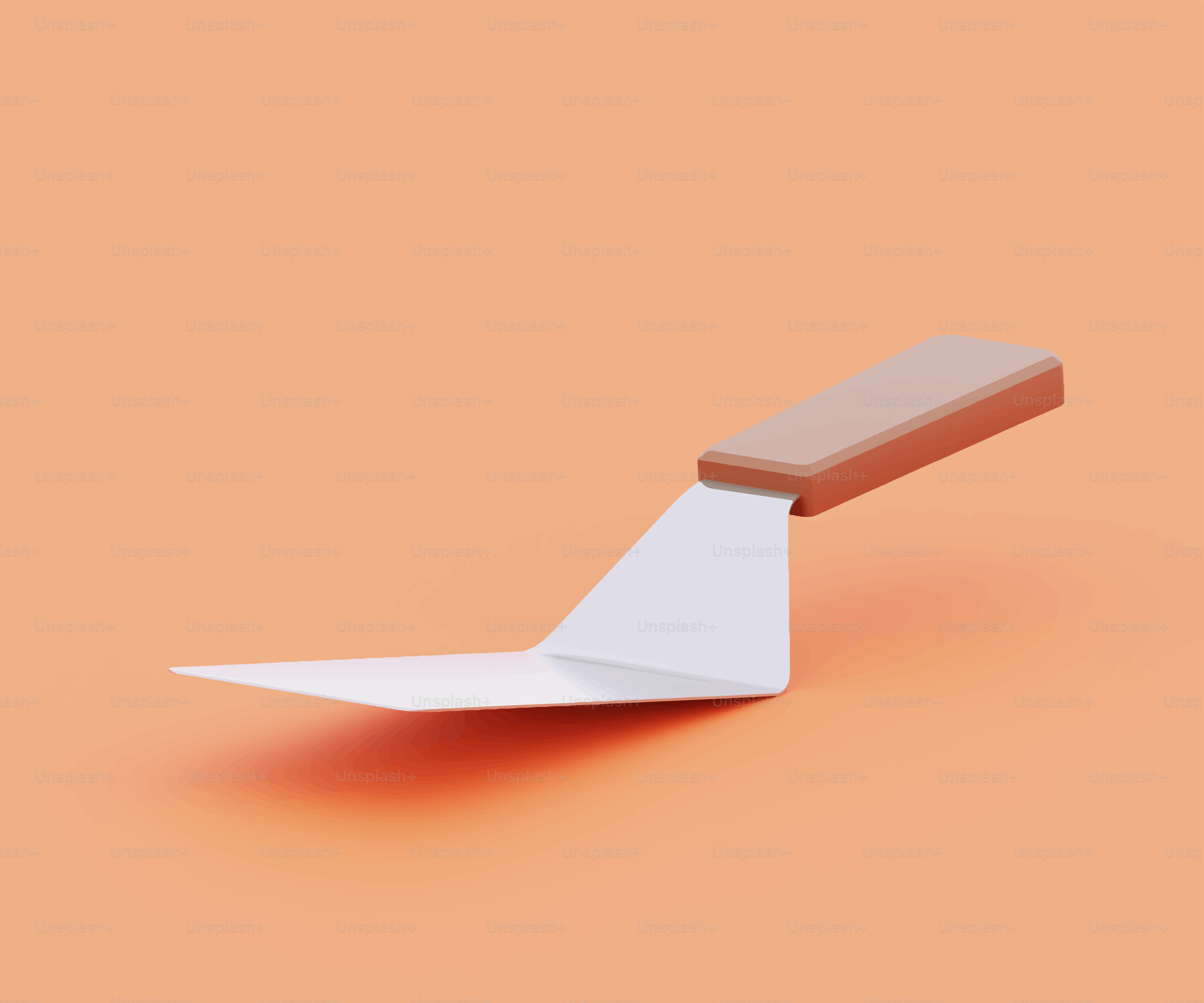 A metal spatula with a wooden handle rests on orange.