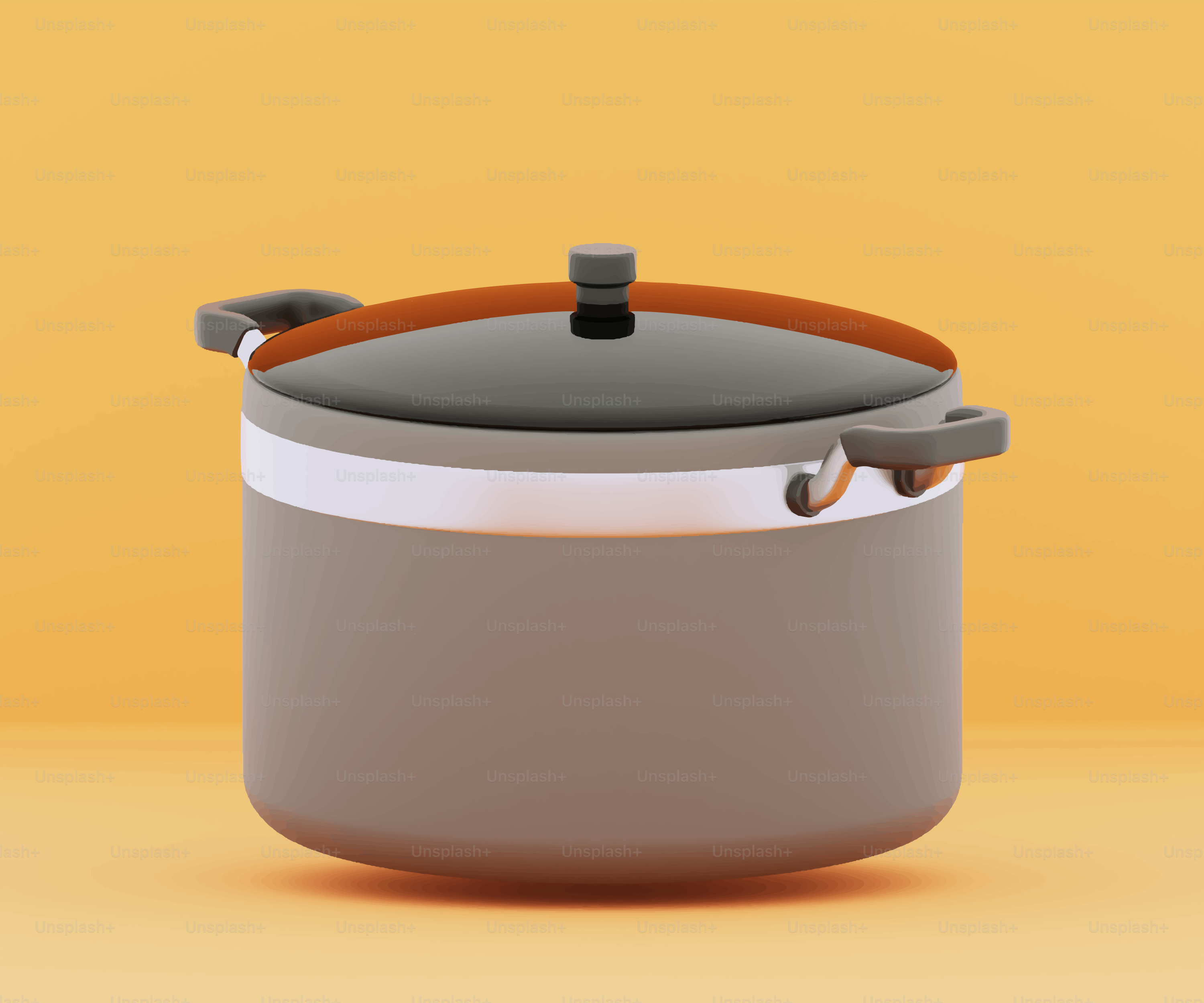 A gray pot with a black and orange lid.