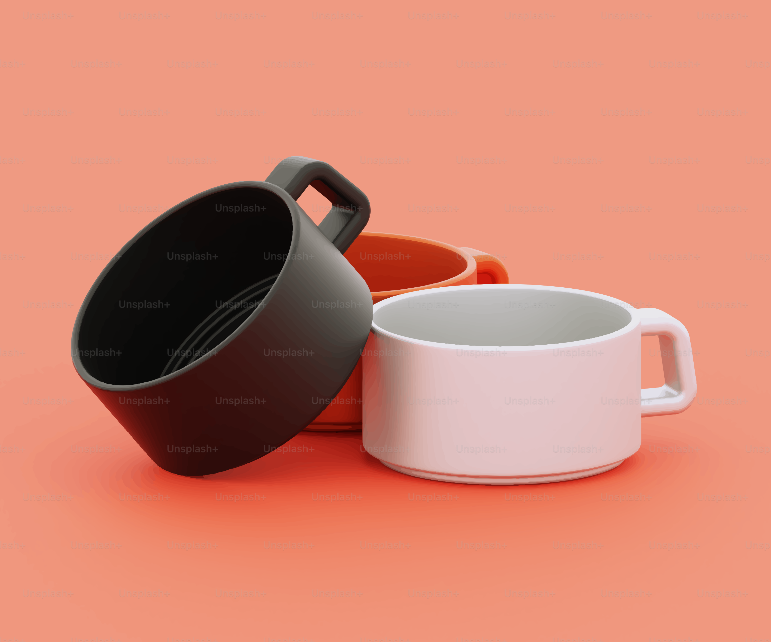 Three stacked mugs on a coral background