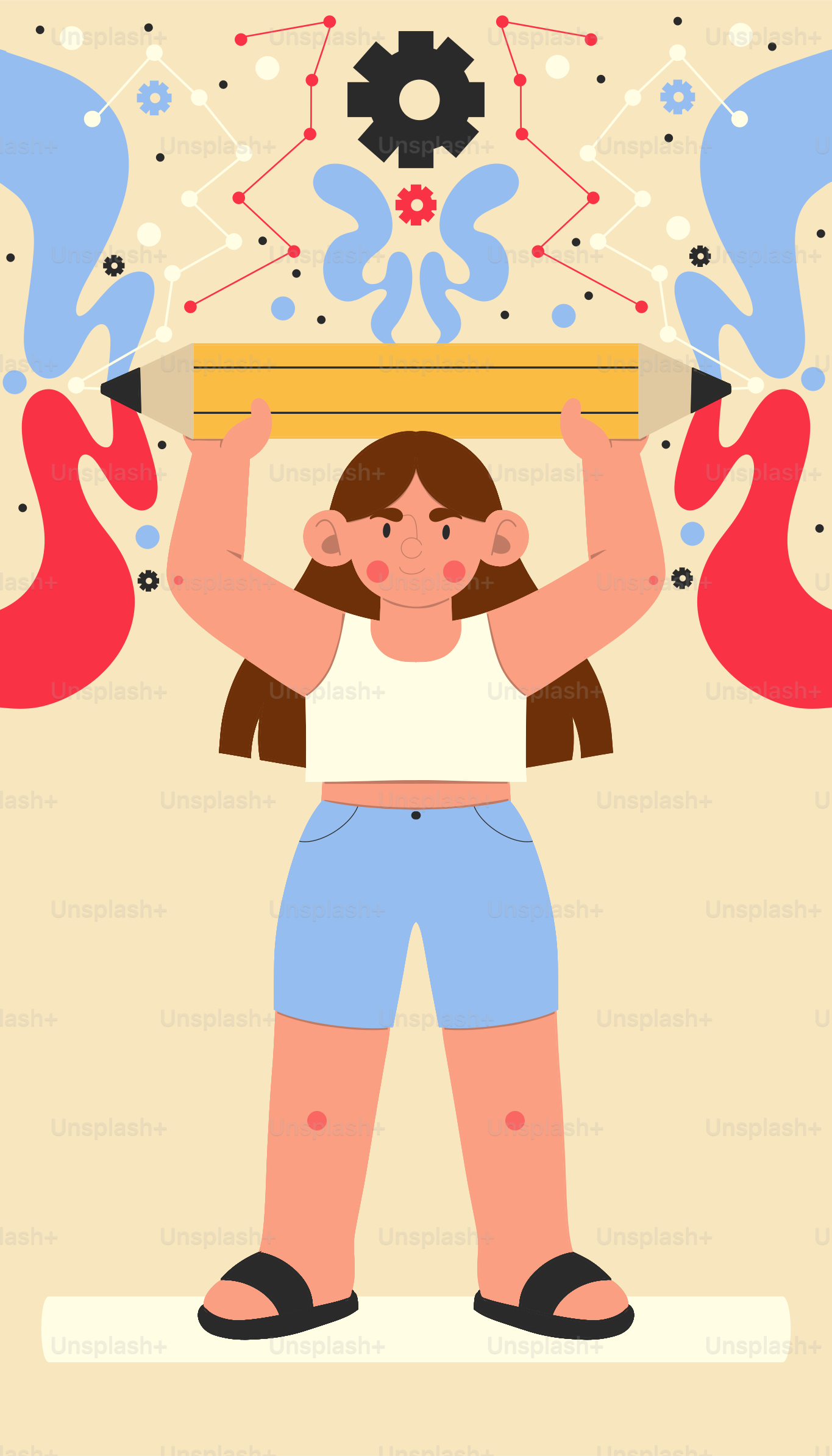 Girl holding a large pencil with abstract shapes above.