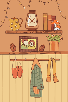Cozy shelf with autumn decor and winter accessories.