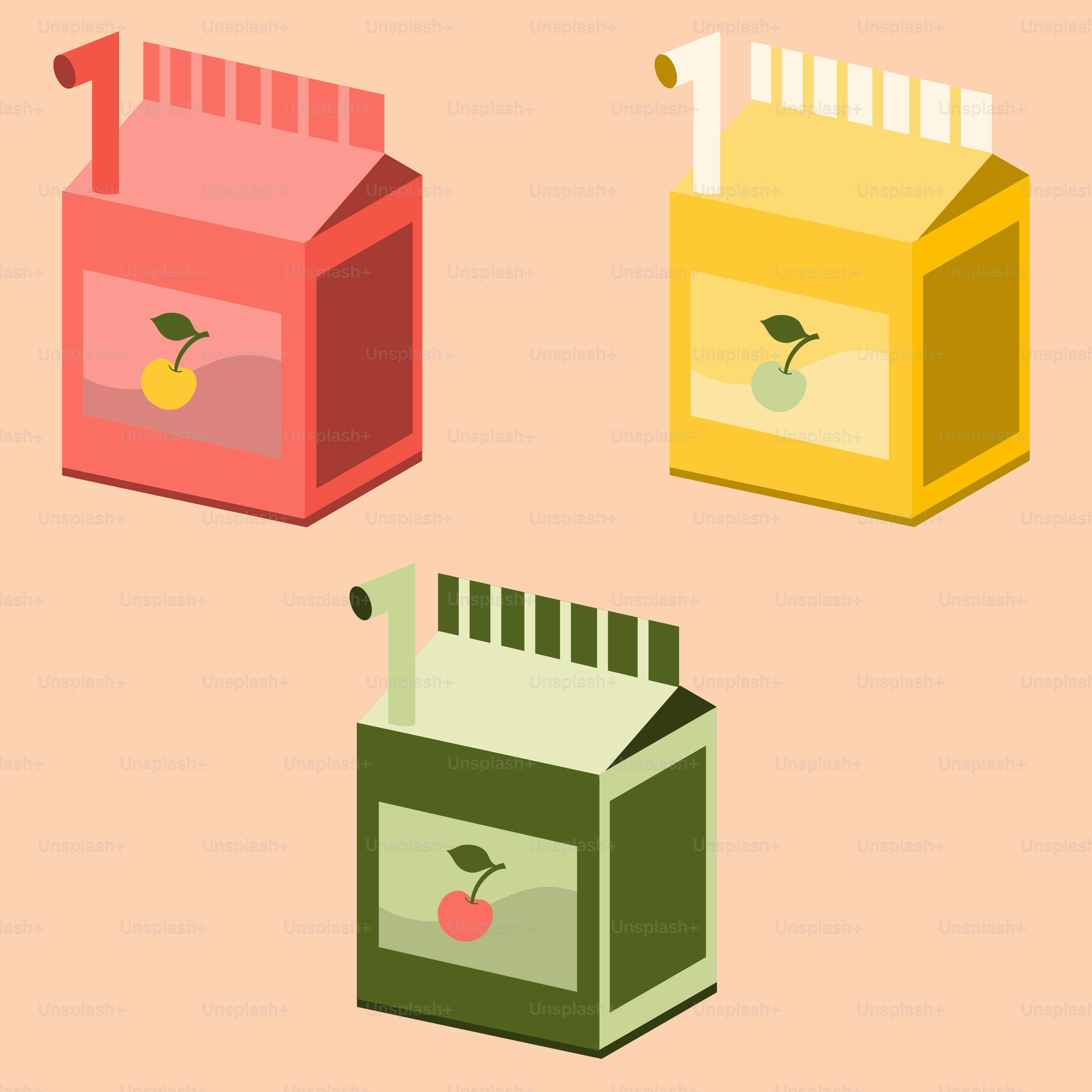 Three juice boxes with cherries on pink, yellow, and green.