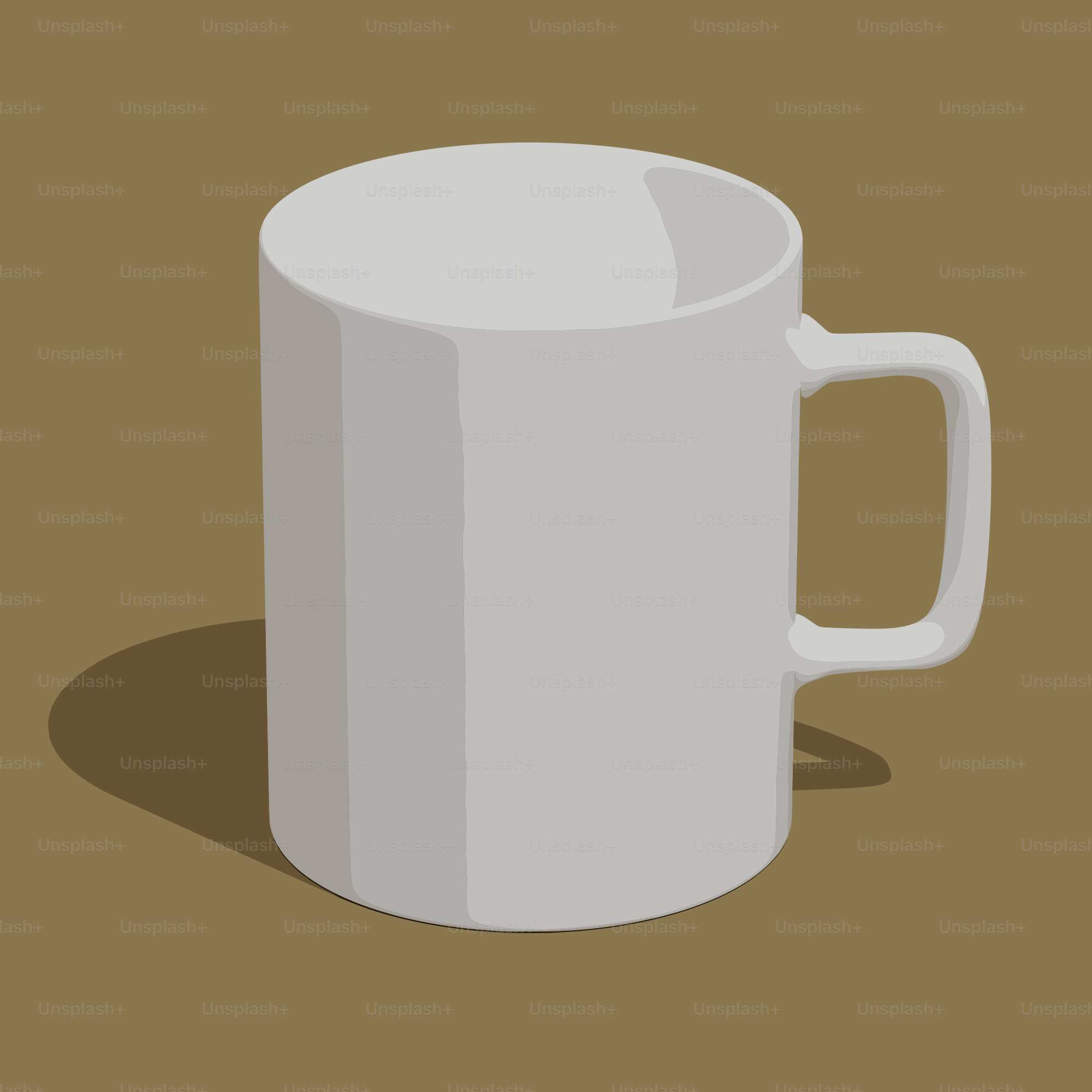 A white mug casts a shadow on a brown background.