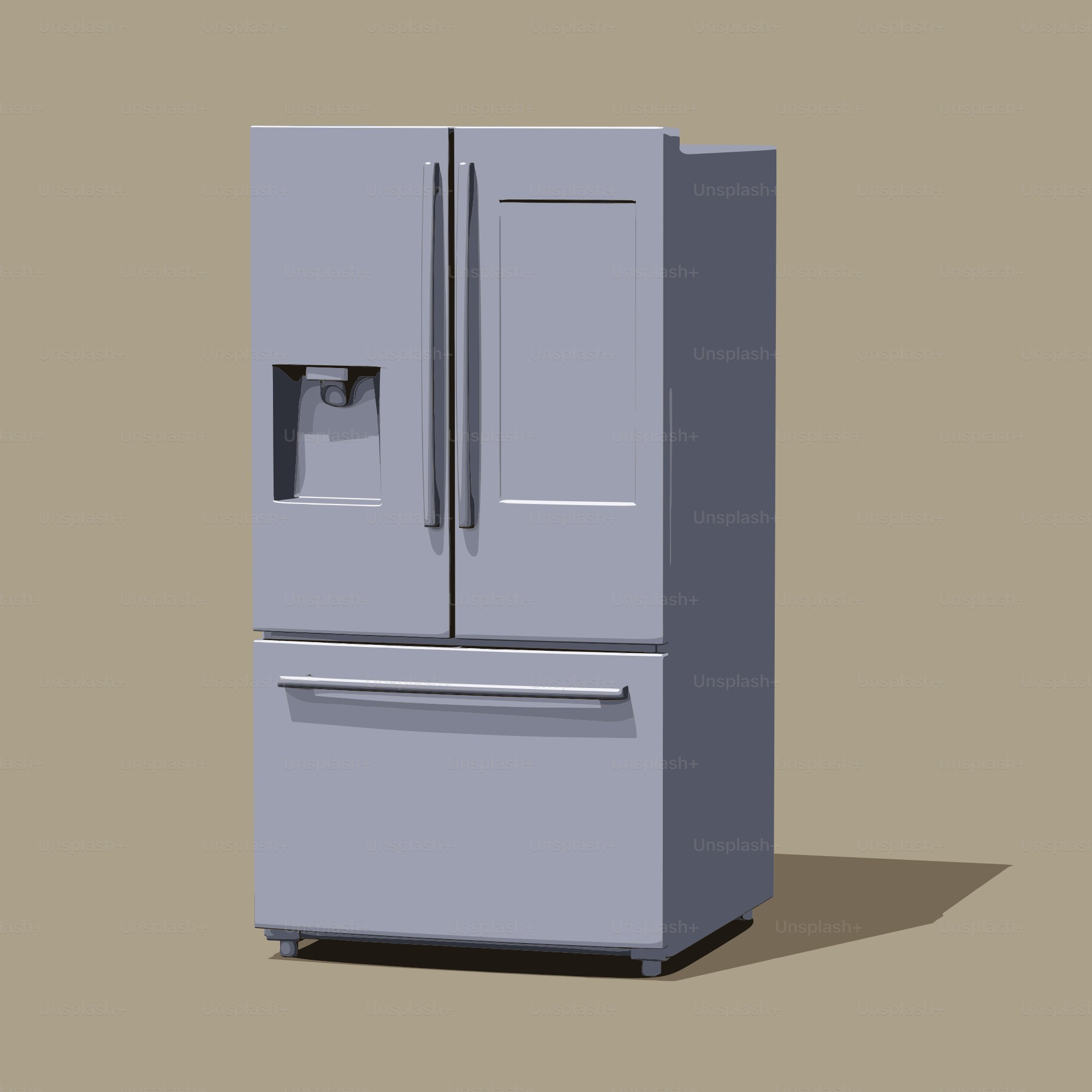 A gray french door refrigerator with water dispenser.