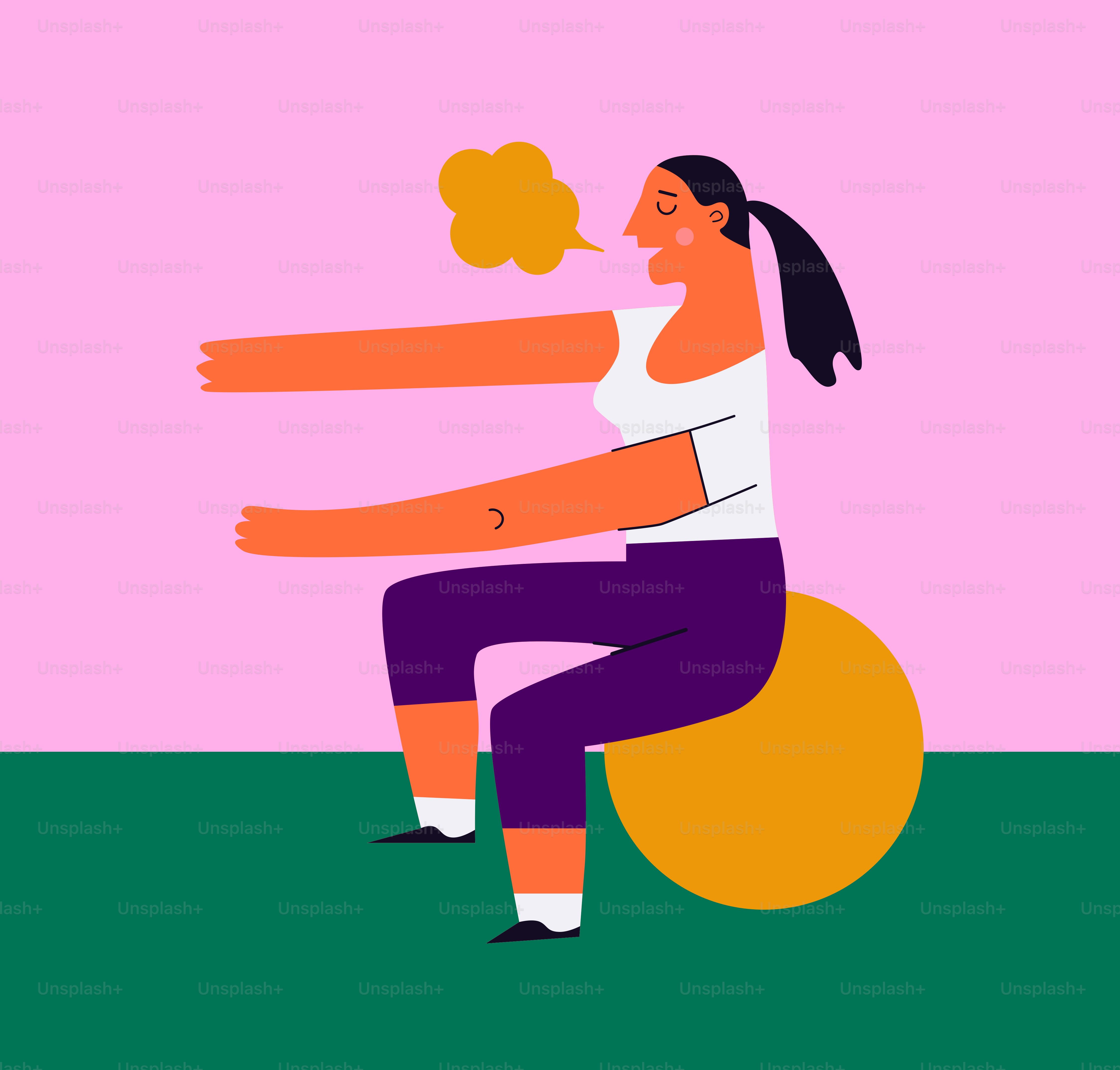Woman exhaling while sitting on exercise ball.