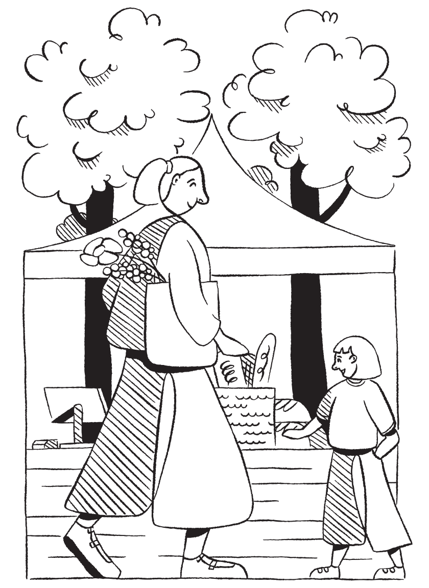 Mother and child at an outdoor market stall.